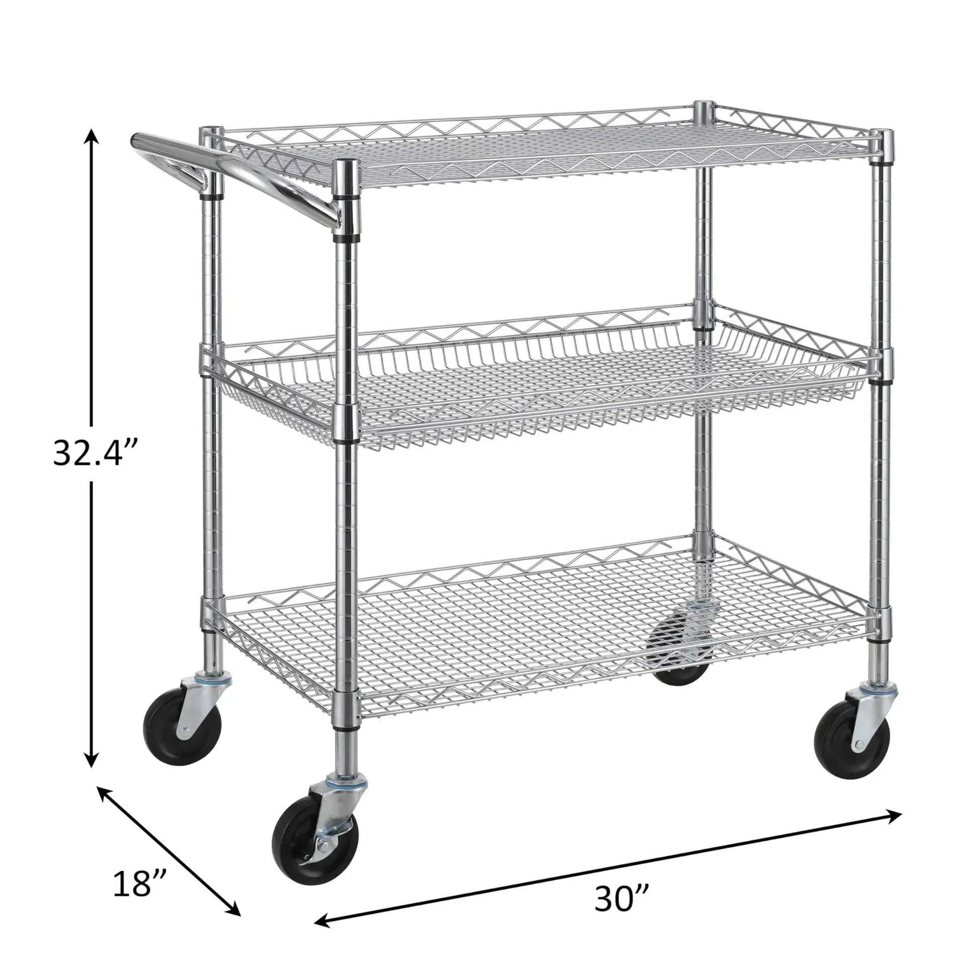 Heavy Duty Commercial Grade Utility Cart With Three Tiers And Handle Bar Steel Wire Rolling Cart With Wheels For Kitchen Workshop Or Food Storage NSF Listed Durable Plant Display Shelf Trolley Finnhomy