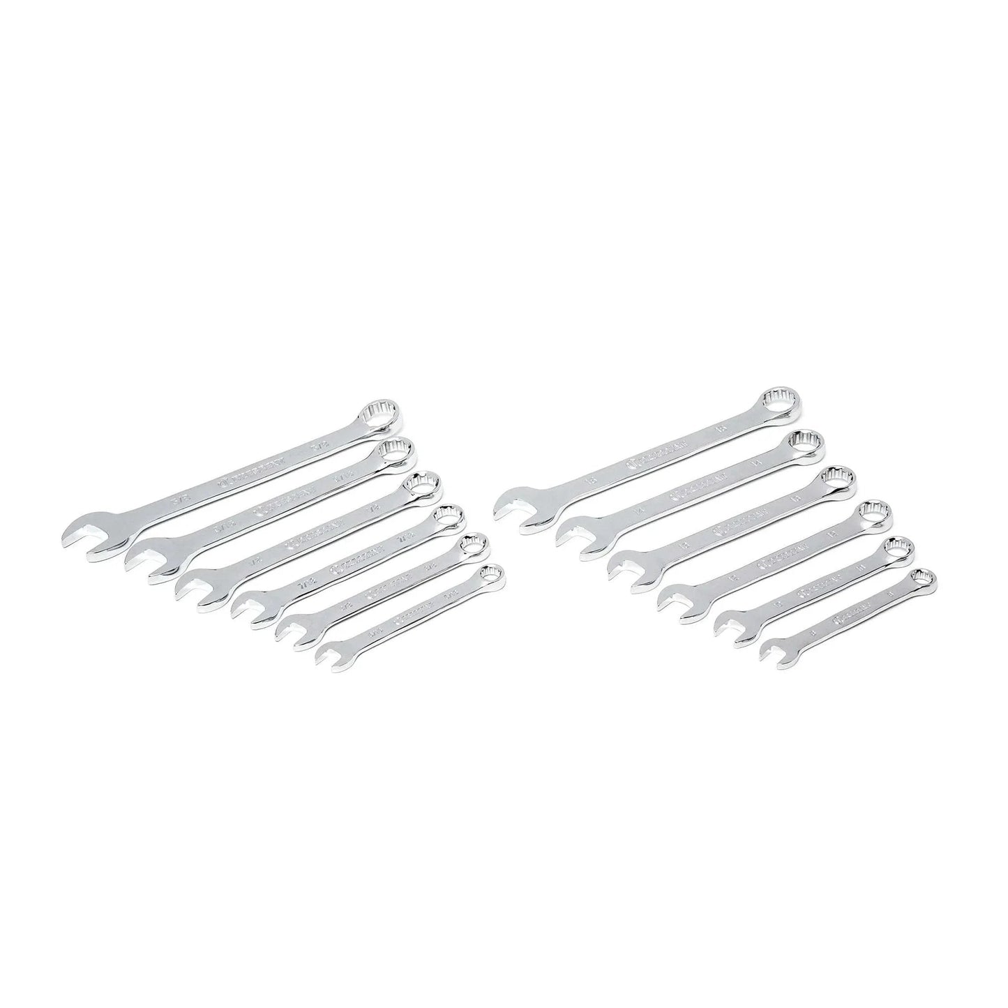 Assorted chrome wrenches from the 180 Piece Professional Tool Set in Tool Storage Case - CTK180, arranged side by side.