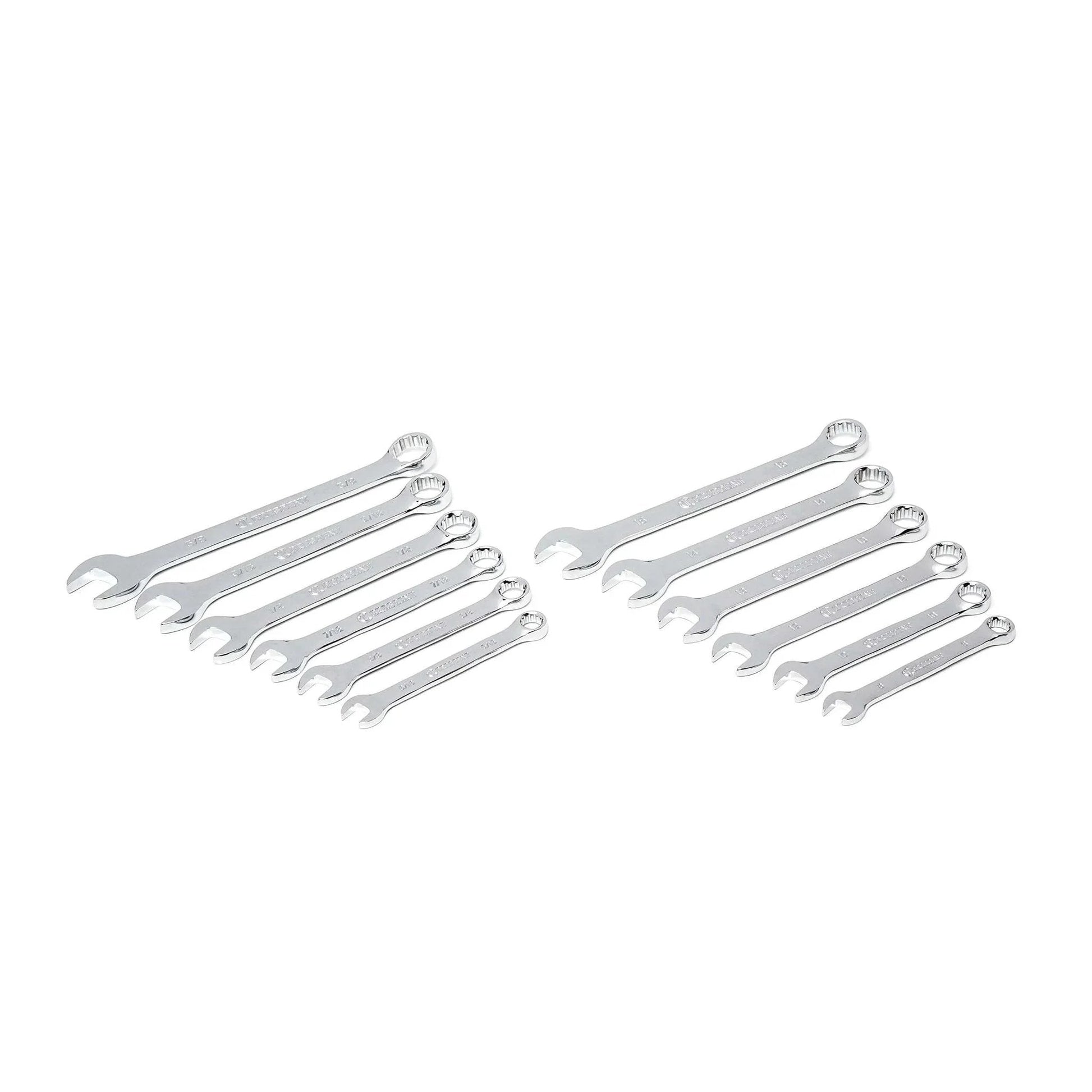Assorted chrome wrenches from the 180 Piece Professional Tool Set in Tool Storage Case - CTK180, arranged side by side.