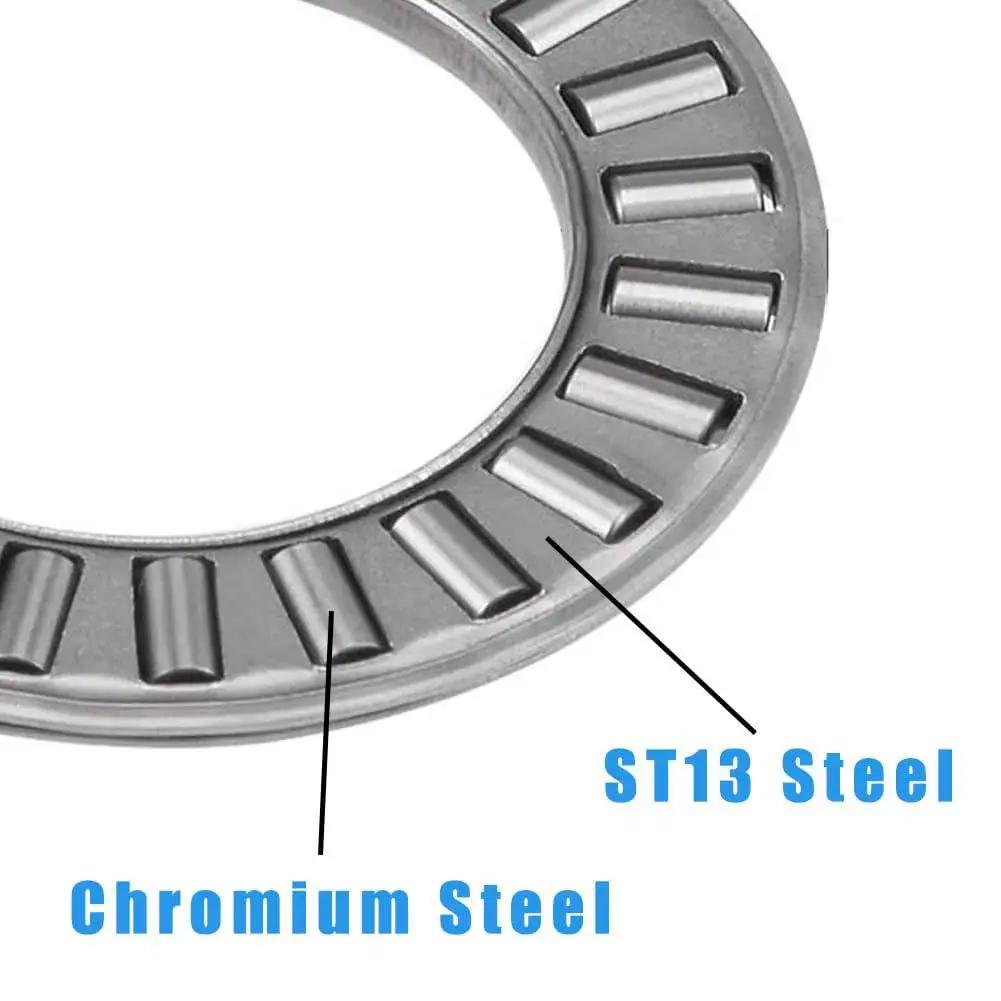 Close-up of Four Pack NTA1220 Thrust Needle Roller Bearings with TRA Washers, showing chromium steel rollers and ST13 steel composition.