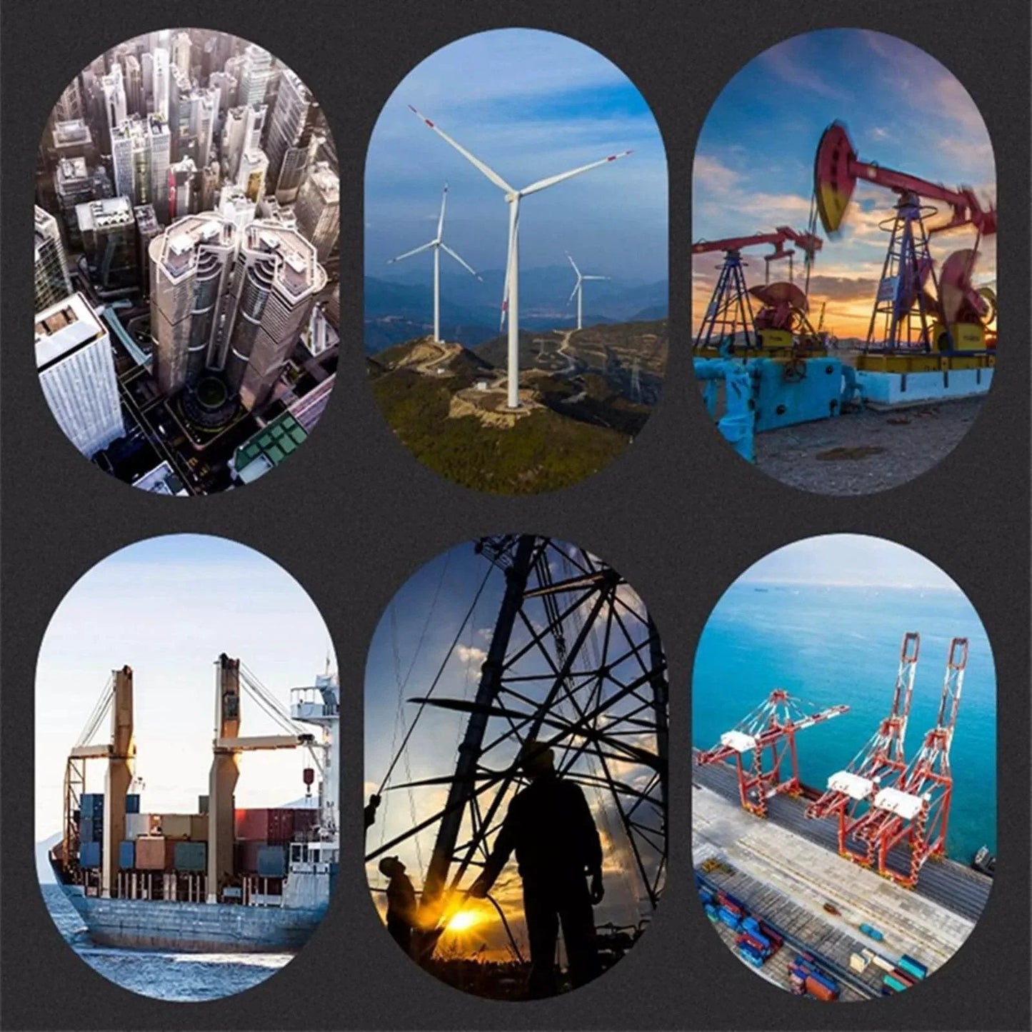 Collage of industrial images including skyscrapers, wind turbines, oil pumps, shipping ports, and rig silhouette.