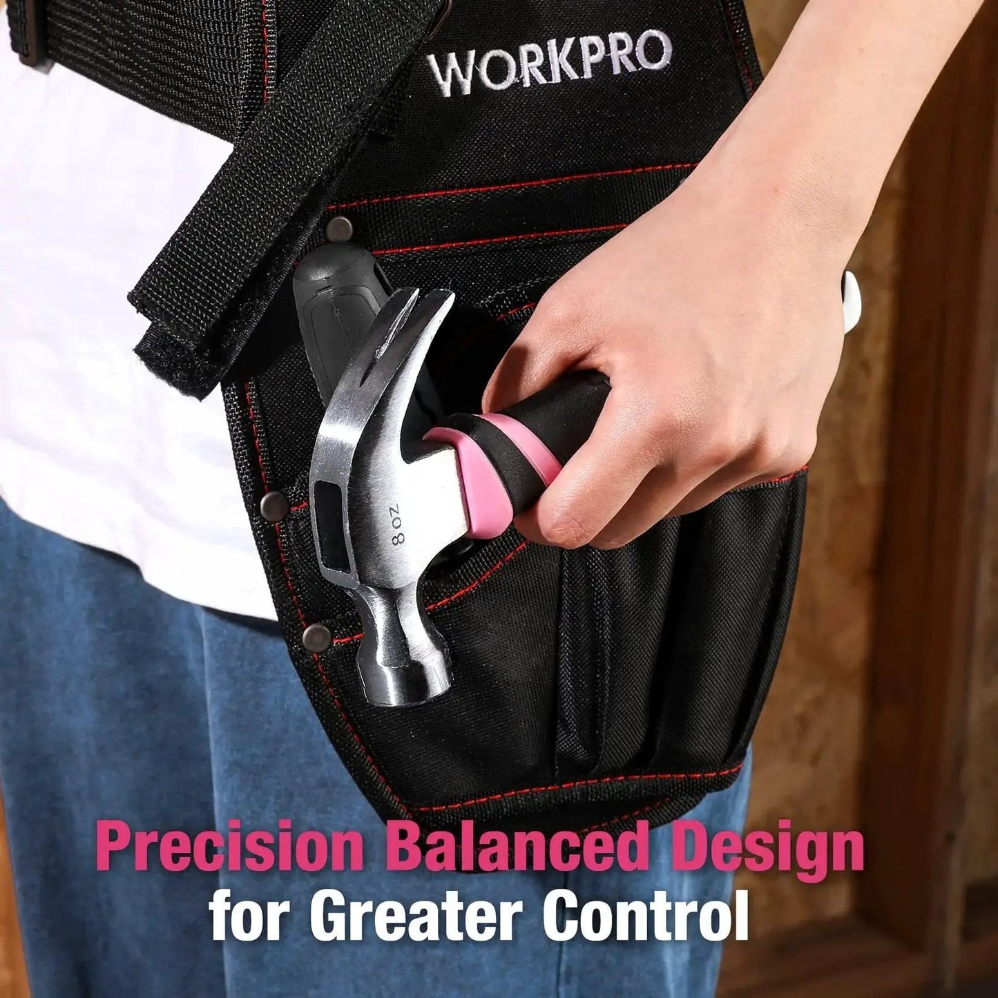 Person placing 8 Oz Claw Hammer With Fiberglass Handle For Easy DIY Projects into a tool belt, featuring a forged hardened steel head.