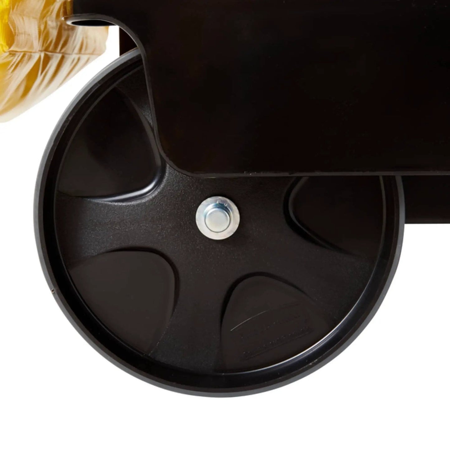 Close-up of wheel on Workhorse Commercial Cleaning Cart With 3 Shelf Racks And Wheeled Design Featuring A Zippered Yellow Vinyl Bag