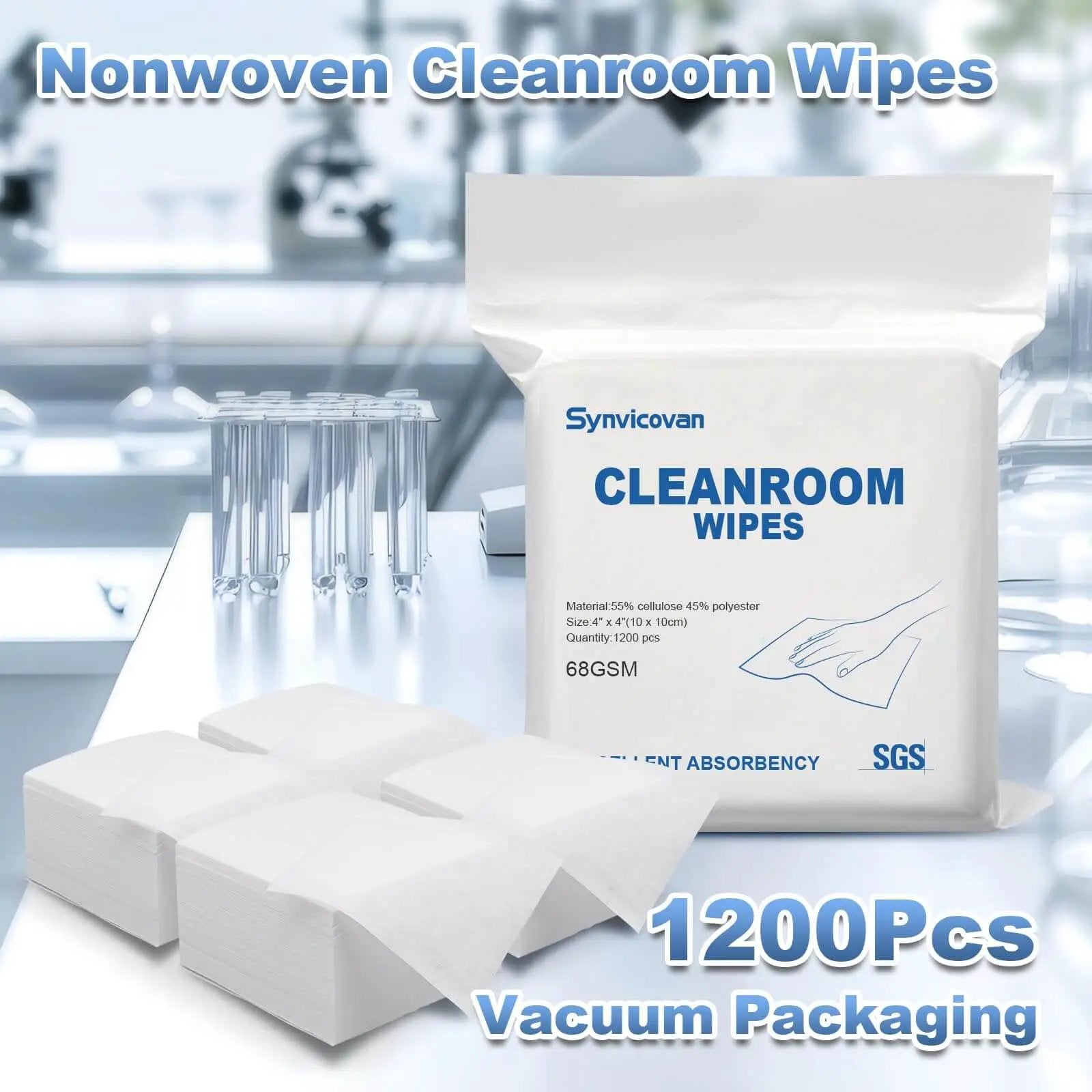 Lint Free Cleanroom Wipes 4x4 Inches 1200 Pack, Grade A 68GSM Cellulose Polyester Blend packaging and wipes displayed in lab