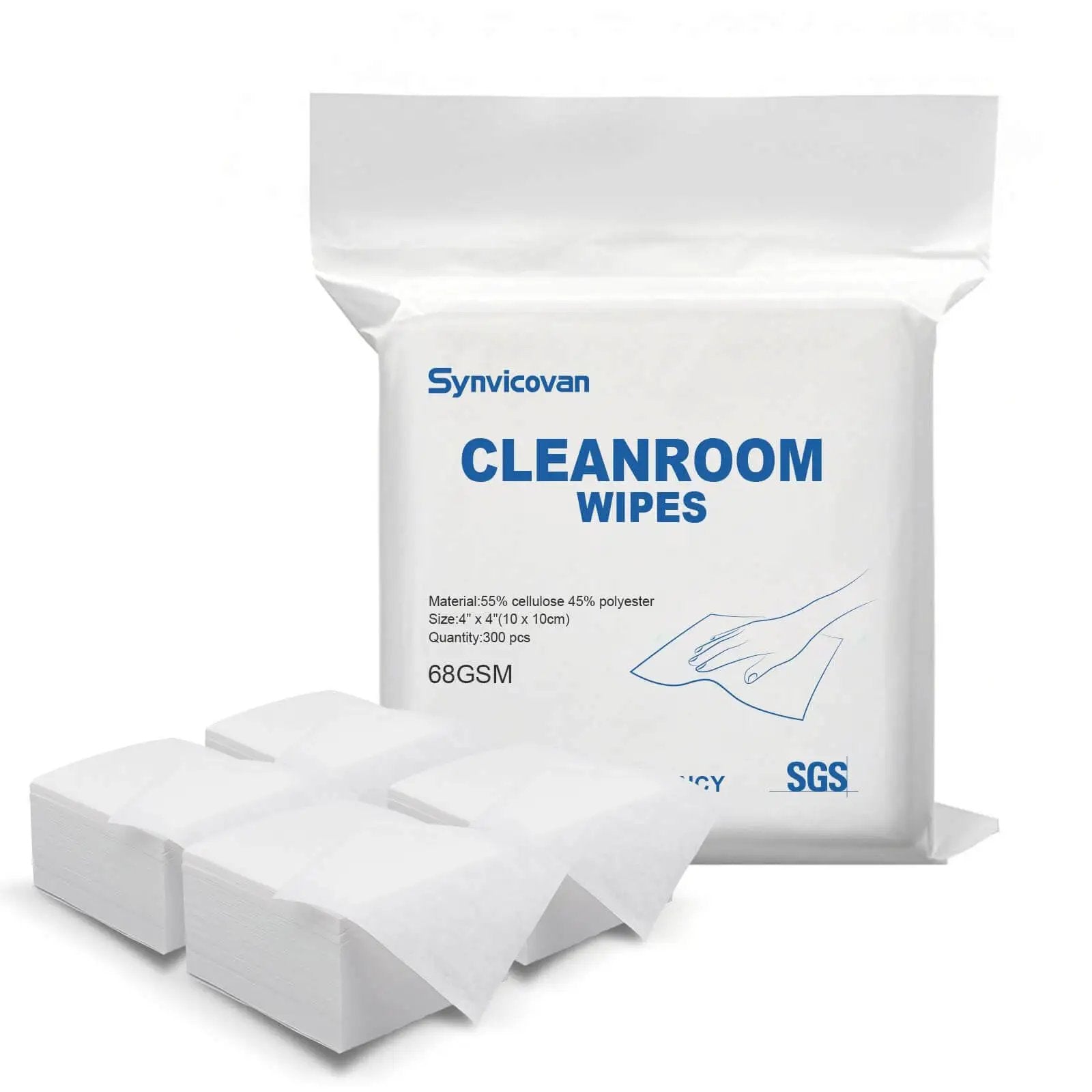 Lint Free Cleanroom Wipes 4x4 Inches 1200 Pack, Grade A 68GSM Cellulose Polyester Blend in packaging and stacked individually