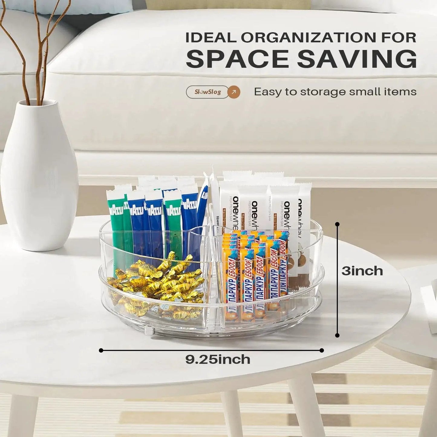2 Pack 9 Inch Lazy Susan Organizer With 4 Removable Bins on table, storing small items, clear spinning tray visible
