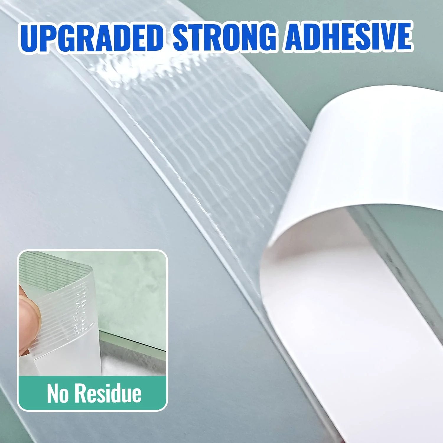 Close-up of Clear Weather Stripping Tape For Doors Windows And Shower Enclosures, 33 Feet Long, 1.8 Inches Wide, showing upgraded strong adhesive.