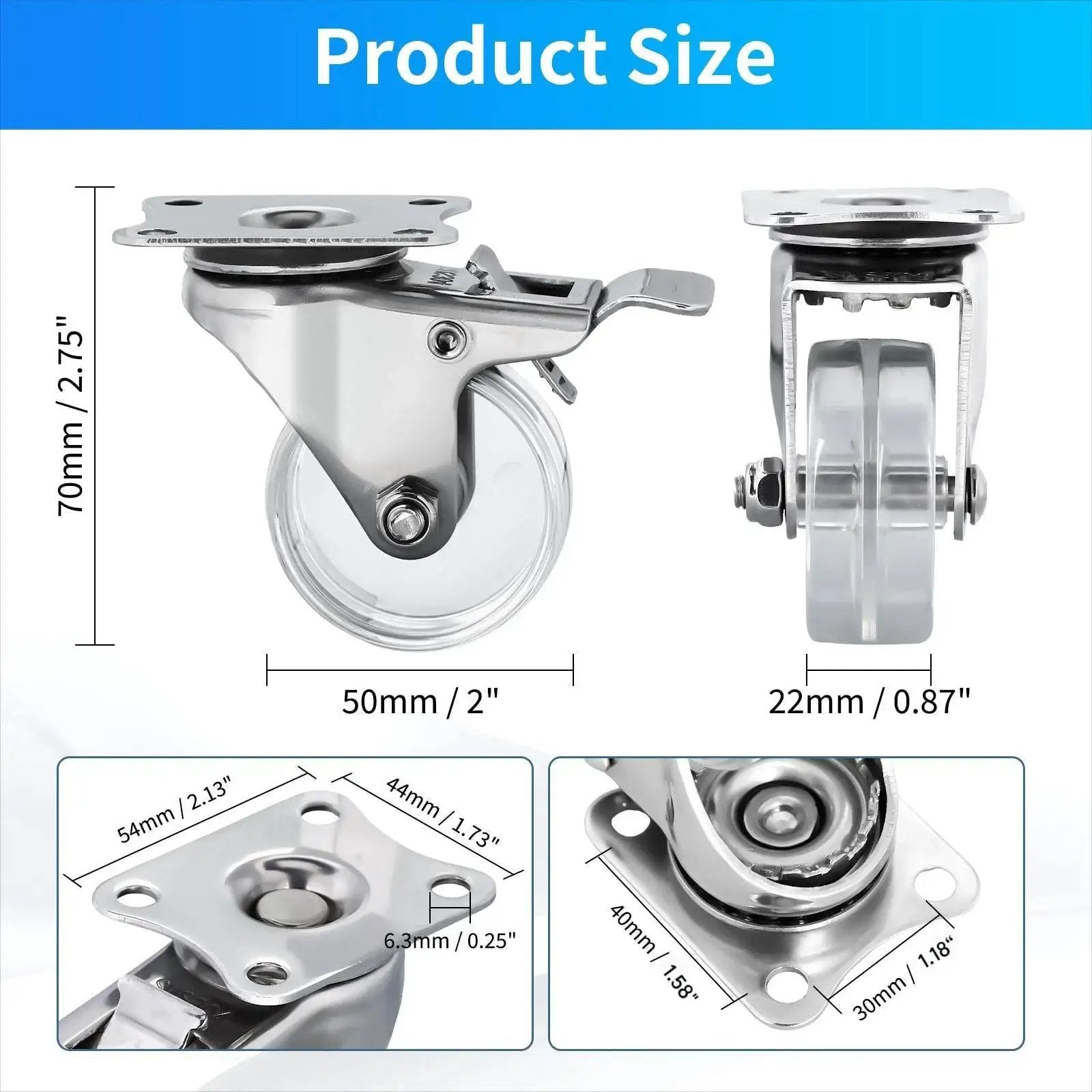 2 Inch Crystal Clear Caster Wheels With Brake and Stainless Steel Housing for Rugged Use Rust Resistant and Waterproof Swivel Castors