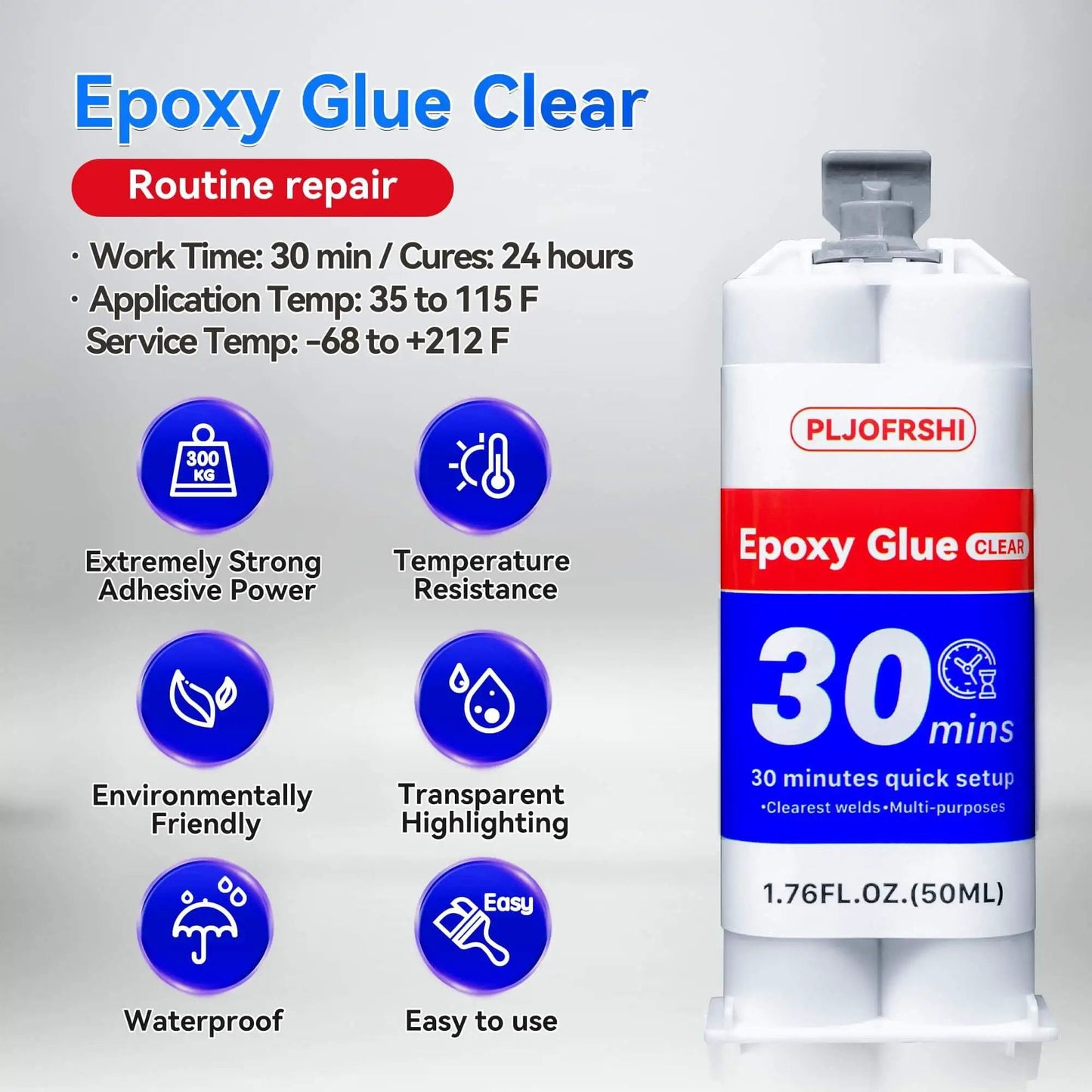 Clear Two Part Epoxy Glue For Plastic Metal Wood Ceramic And More Multipurpose Waterproof Adhesive In A One Point Seven Six Fluid Ounce Syringe Cures Fast Delivers A Strong Long Lasting Bond For Repairs Fishing Rods And Other Projects shown with features and instructions.