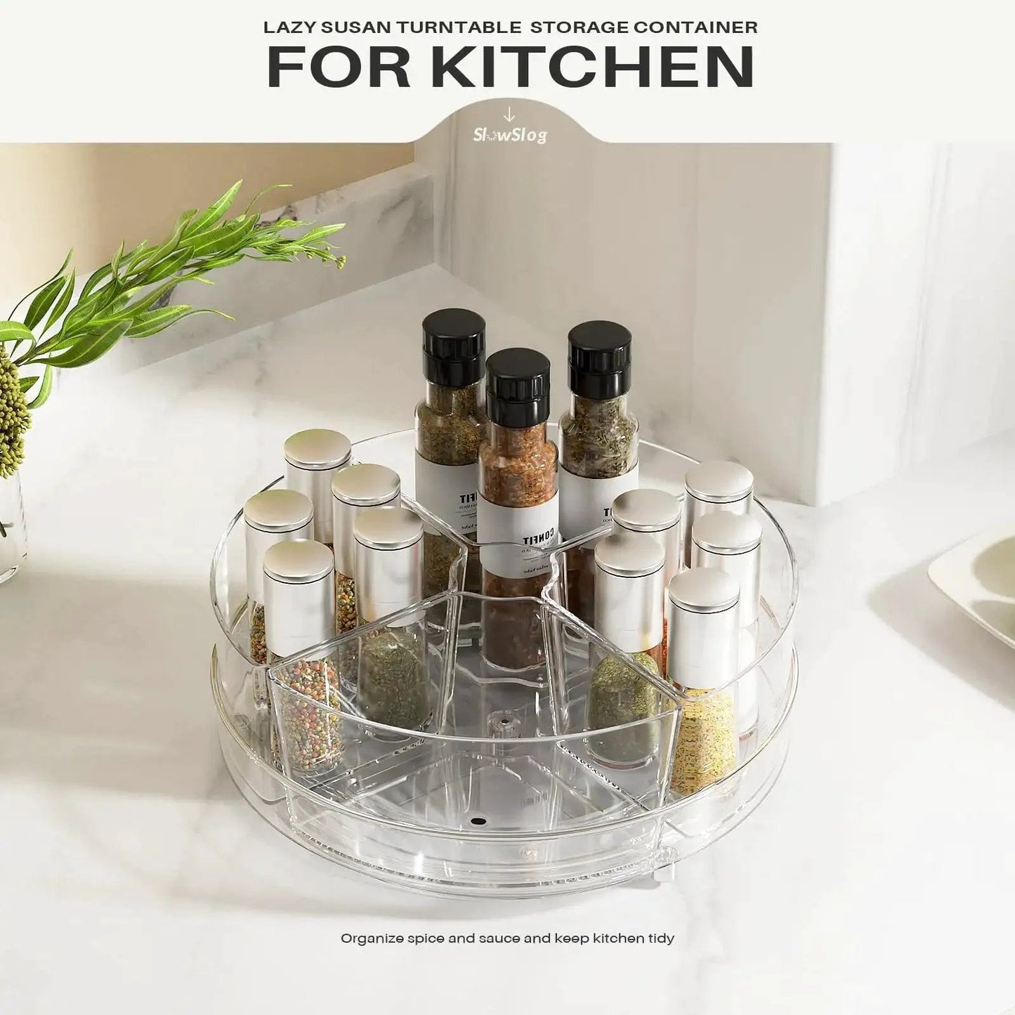 2 Pack 9 Inch Lazy Susan Organizer With 4 Removable Bins holding spice jars on kitchen counter