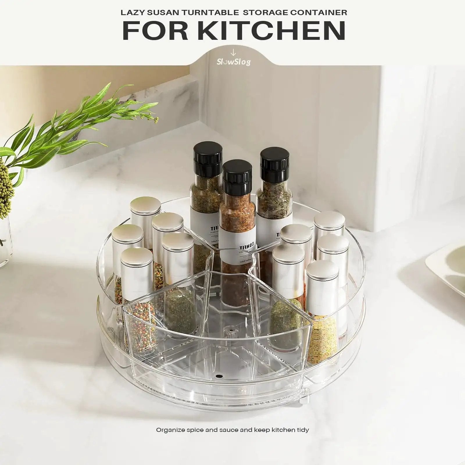 2 Pack 9 Inch Lazy Susan Organizer With 4 Removable Bins holding spice jars on kitchen counter