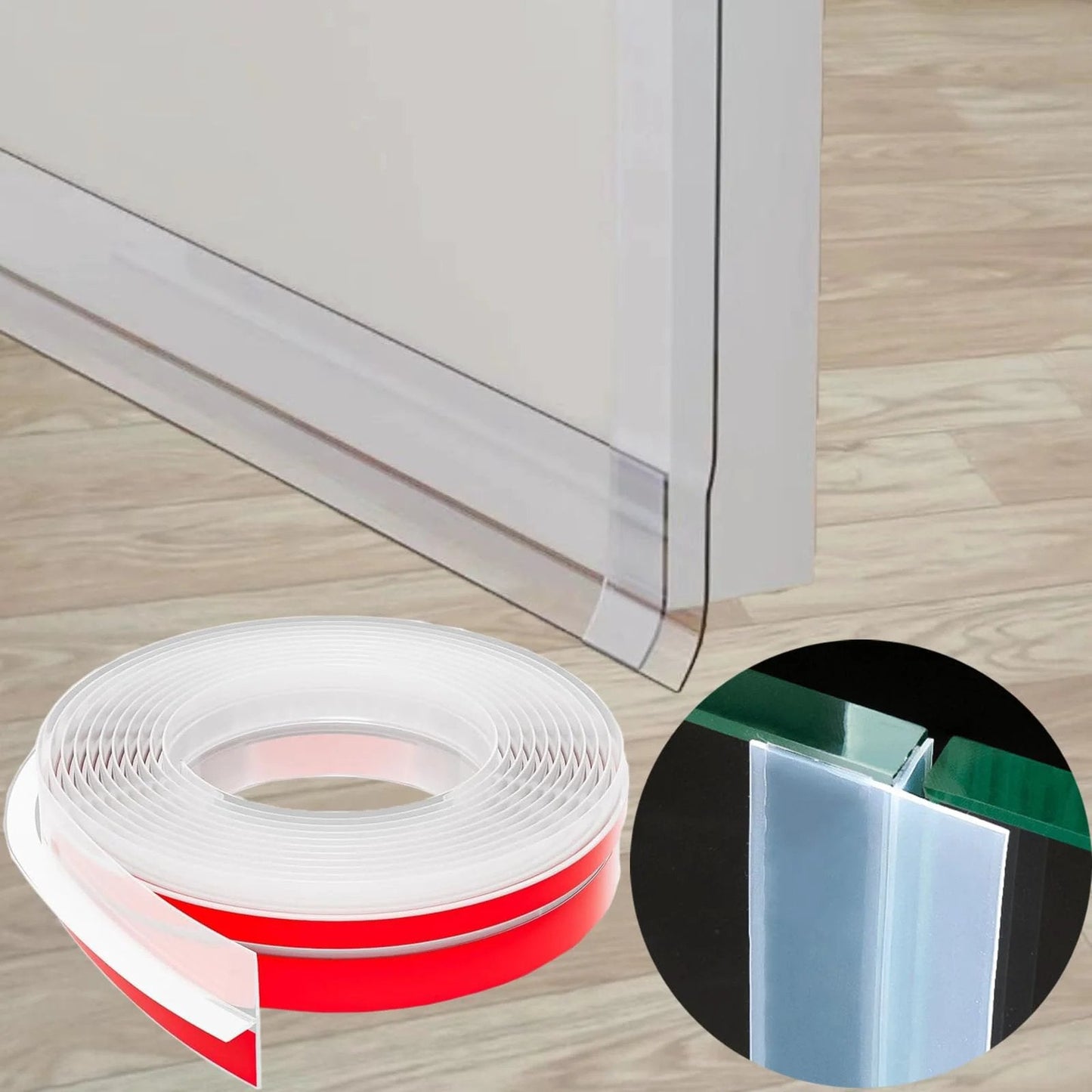 Upgrade T Shaped Door Draft Stopper Clear Silicone Weather Stripping for Side Of Door Frame 1.37 Inches Wide By 20 Feet With Double Sided Adhesive Seal, showing product roll and installation view.