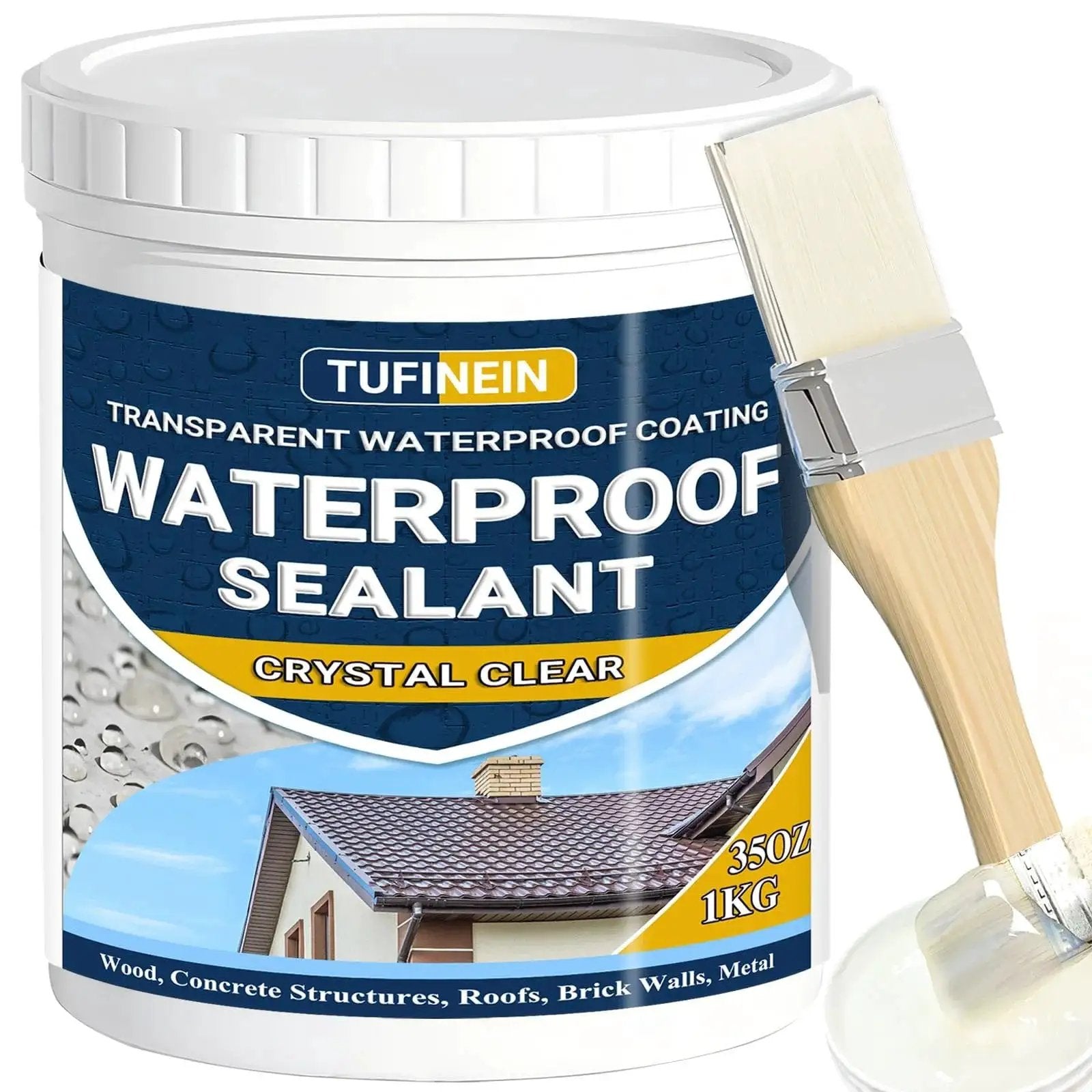 Clear Waterproof Sealant Coating for Indoor And Outdoor Use 35oz with brush; invisible water-based protective layer for roofs, walls, gardens.