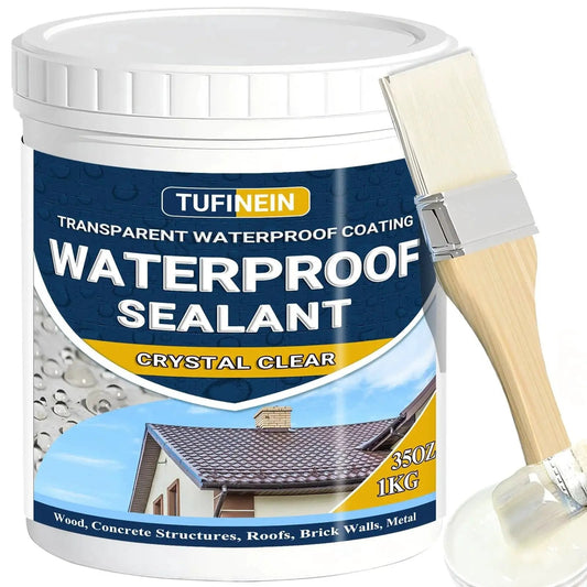 Clear Waterproof Sealant Coating for Indoor And Outdoor Use 35oz with brush; invisible water-based protective layer for roofs, walls, gardens.