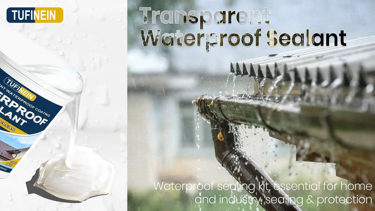 Clear Waterproof Sealant Coating for Indoor And Outdoor Use 35oz bottle shown next to gutter being sealed to prevent leaks.