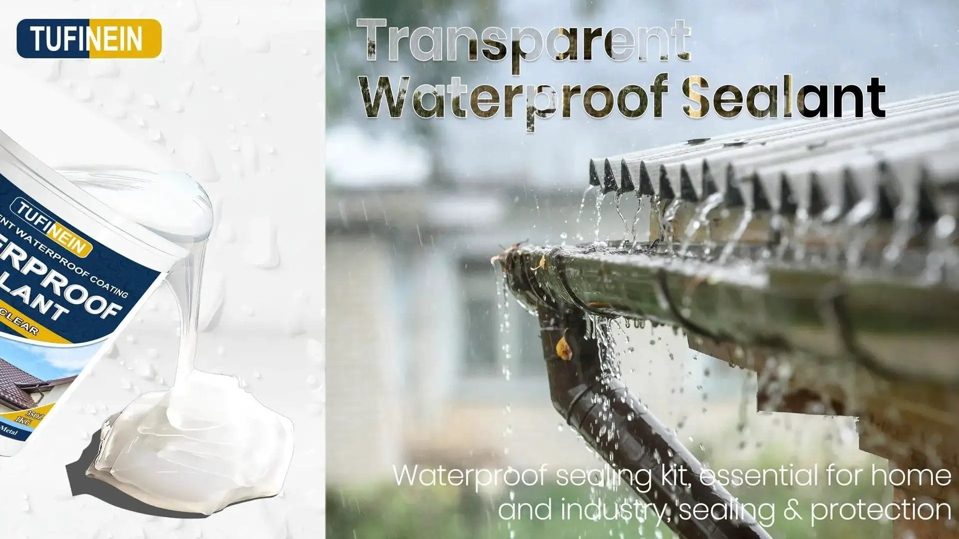 Clear Waterproof Sealant Coating for Indoor And Outdoor Use 35oz bottle shown next to gutter being sealed to prevent leaks.