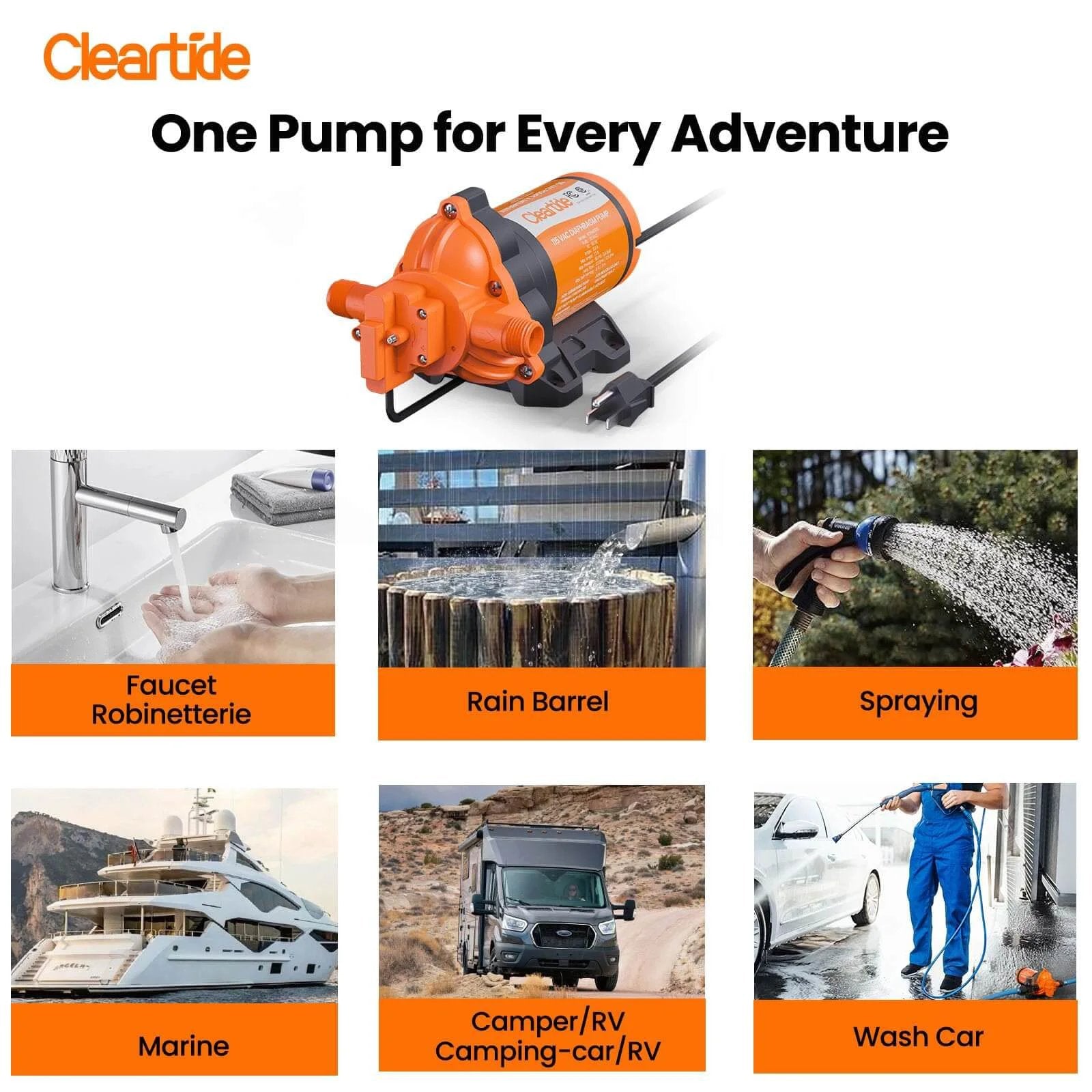 Cleartide Diaphragm Water Pump, 115V, 3.3 GPM, 50 PSI, Self-Priming 10FT, use in rain barrel, faucet, marine, spraying, RV, wash car.