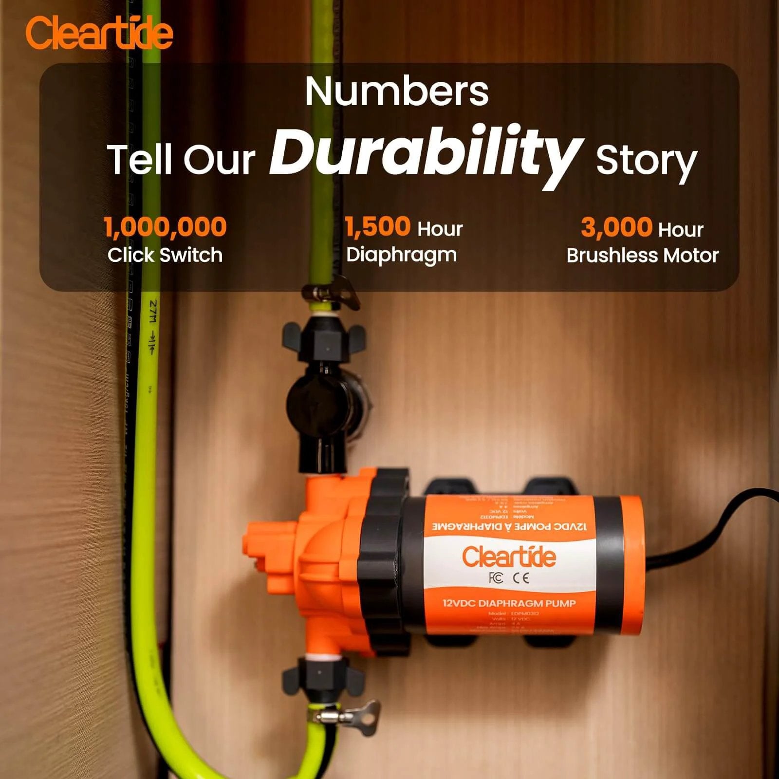 Cleartide Diaphragm Water Pump, 115V, 3.3 GPM, 50 PSI, Self-Priming, installed with durability features highlighted