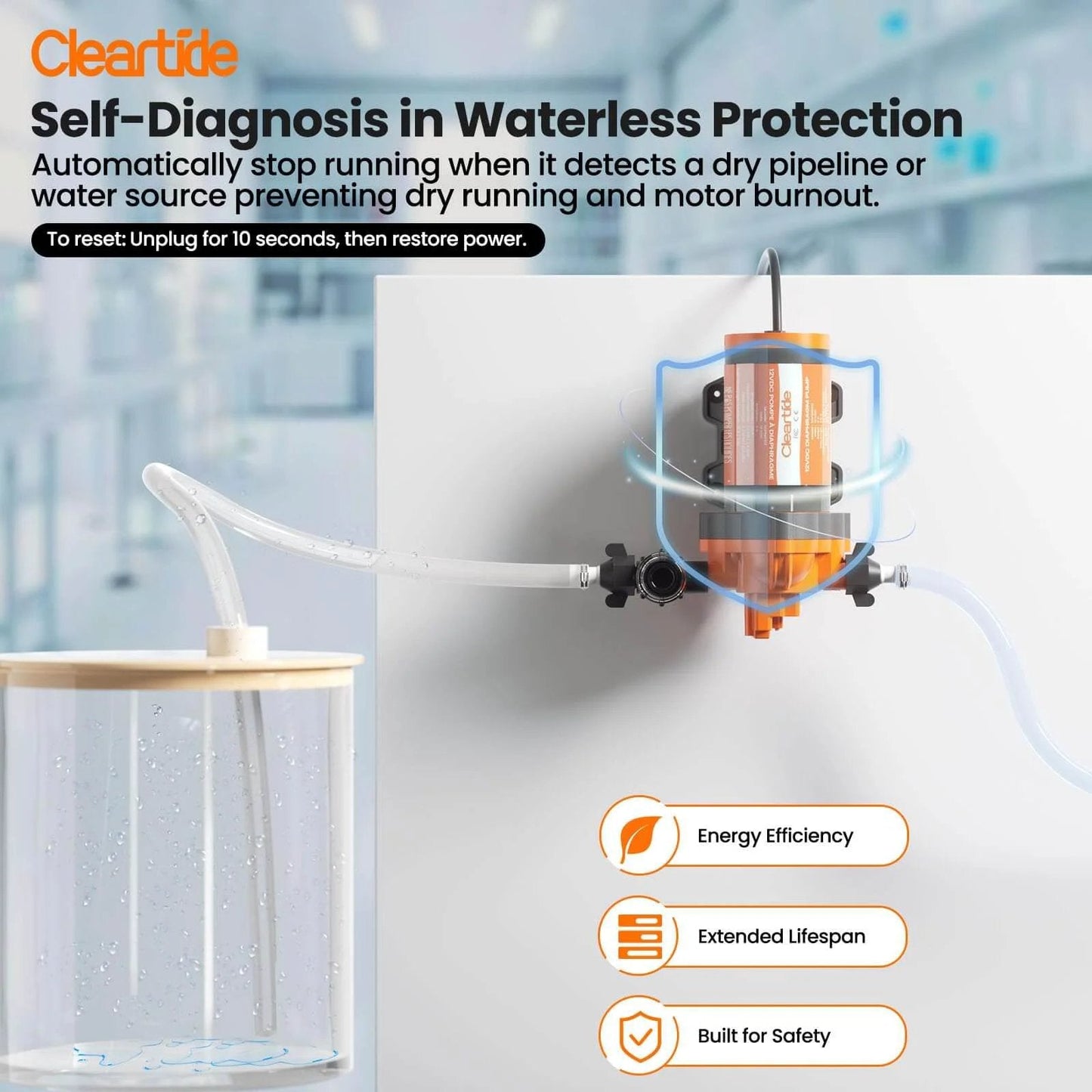 Cleartide Diaphragm Water Pump, 115V, 3.3 GPM, 50 PSI, Self-Priming 10FT, Self-Diagnosis & Dry-Run Protection, shown mounted on wall