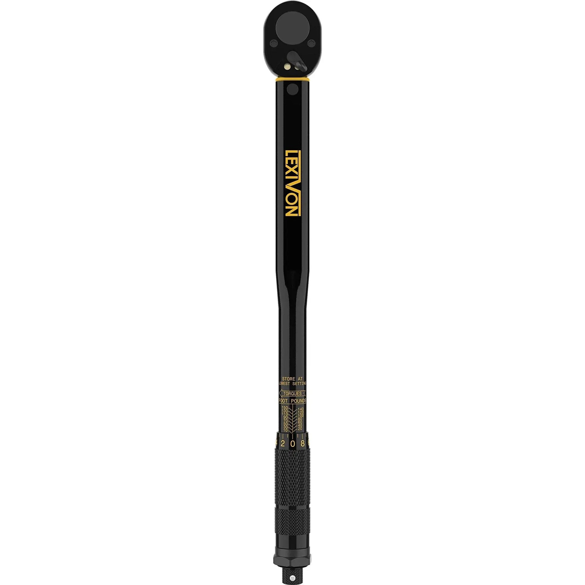 Click Torque Wrench, Half Inch Drive, 10 To 150 Foot Pounds And 13.6 To 203.5 Newton Meters, Pre Calibrated To Four Percent Accuracy
