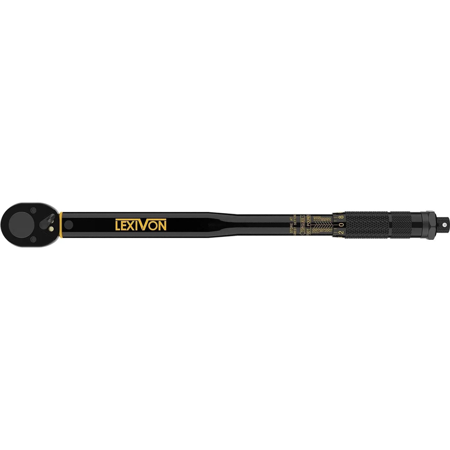 Click Torque Wrench, Half Inch Drive, 10 To 150 Foot Pounds And 13.6 To 203.5 Newton Meters, Pre Calibrated To Four Percent Accuracy, Includes Calibration Certificate With Trackable Serial Number, Made In Taiwan For Durability, black full view.