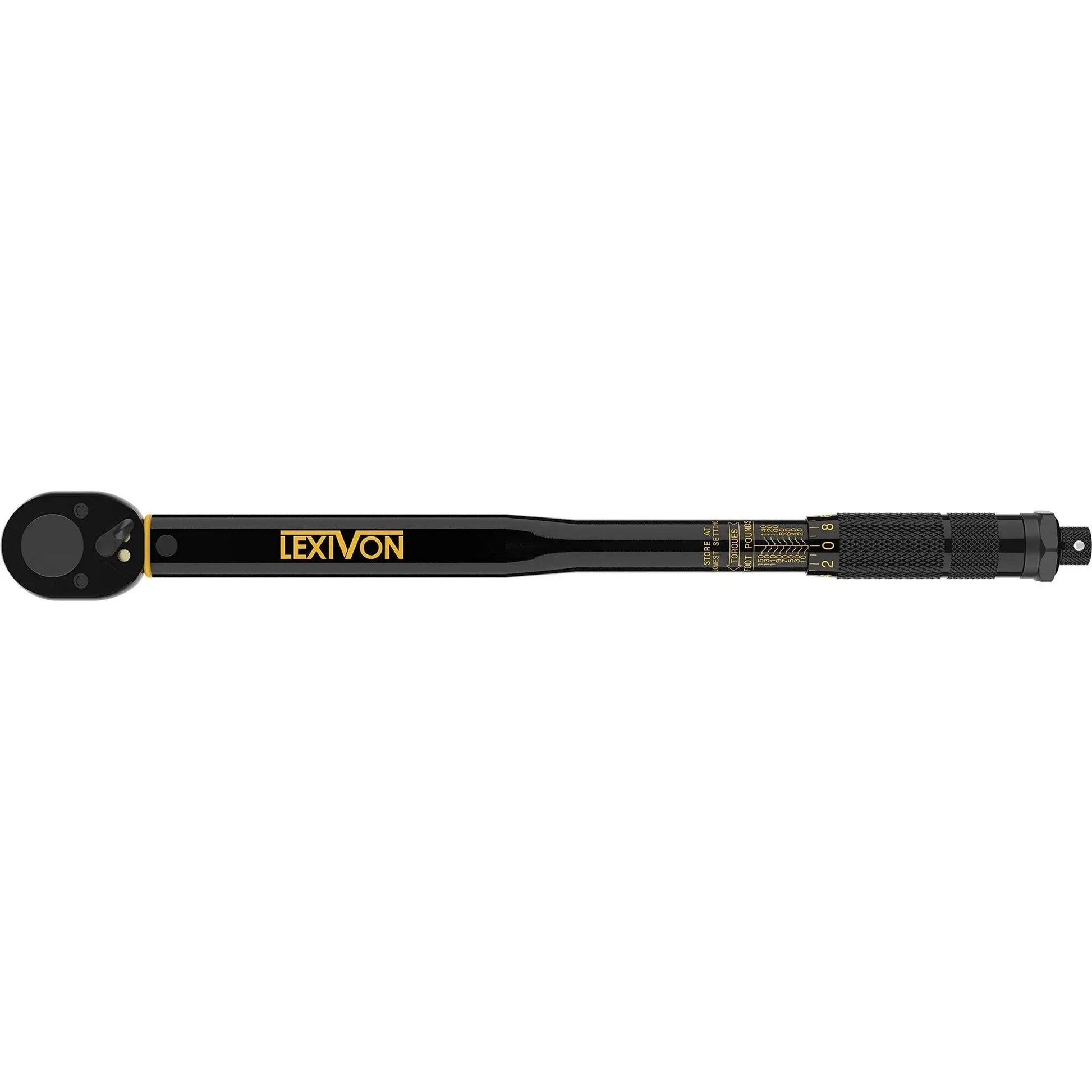 Click Torque Wrench, Half Inch Drive, 10 To 150 Foot Pounds And 13.6 To 203.5 Newton Meters, Pre Calibrated To Four Percent Accuracy, Includes Calibration Certificate With Trackable Serial Number, Made In Taiwan For Durability, black full view.
