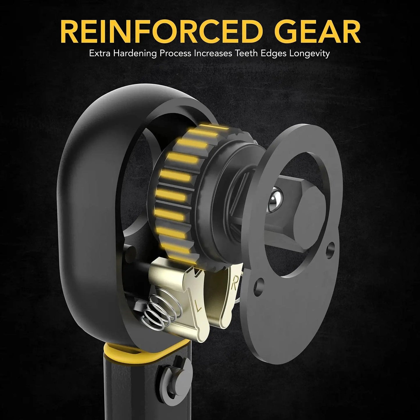 Close-up of reinforced gear in Click Torque Wrench, Half Inch Drive, 10 to 150 Foot Pounds and 13.6 to 203.5 Newton Meters