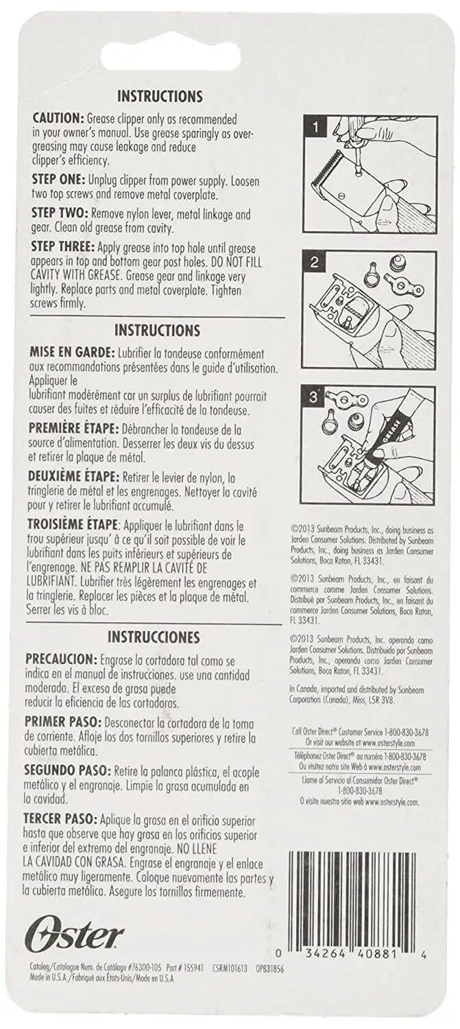 Back label of Premium Clipper Grease for Pet Grooming by Oster Gear Lube with instructions in multiple languages and product barcode.