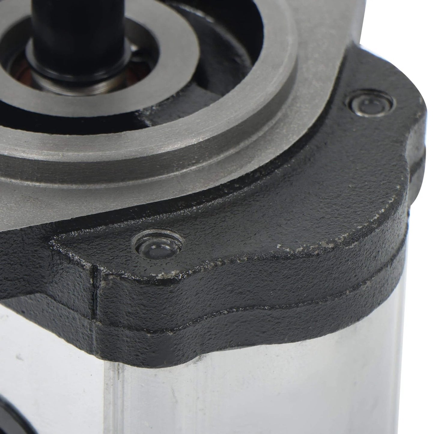 Close-up of 4-18GPM Hydraulic Gear Pump SAE A-2 Flange Cast Iron 9-Spline Shaft CW showing flange and cast iron body