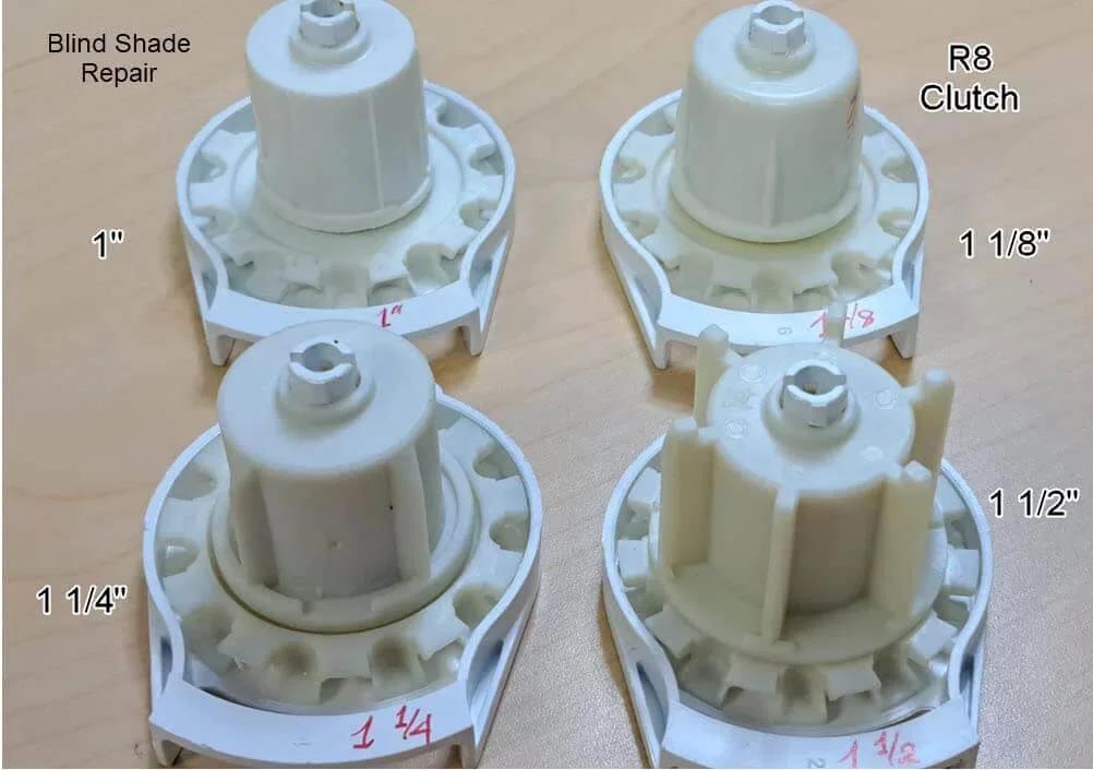 Top view of Clutch R Series with Bead Stopper (White, R8-1 1/8" Tube) and other various sizes for blind shade repair.