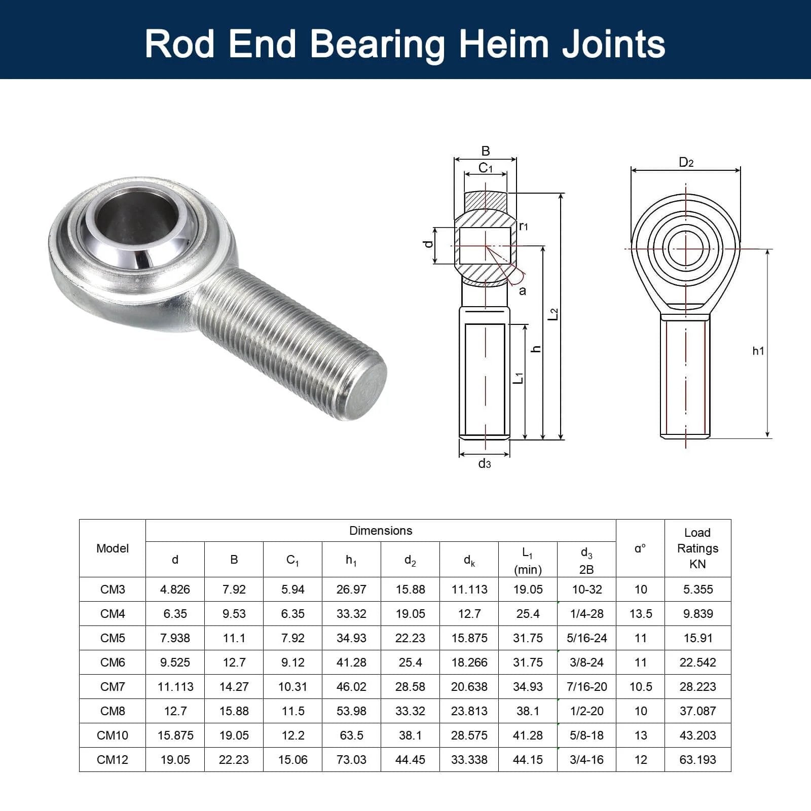 CM6 rod end bearing heim joint kit, 3/8 inch bore, 3/8-24 right hand male thread, steel body, diagram and specs table, 2 pcs
