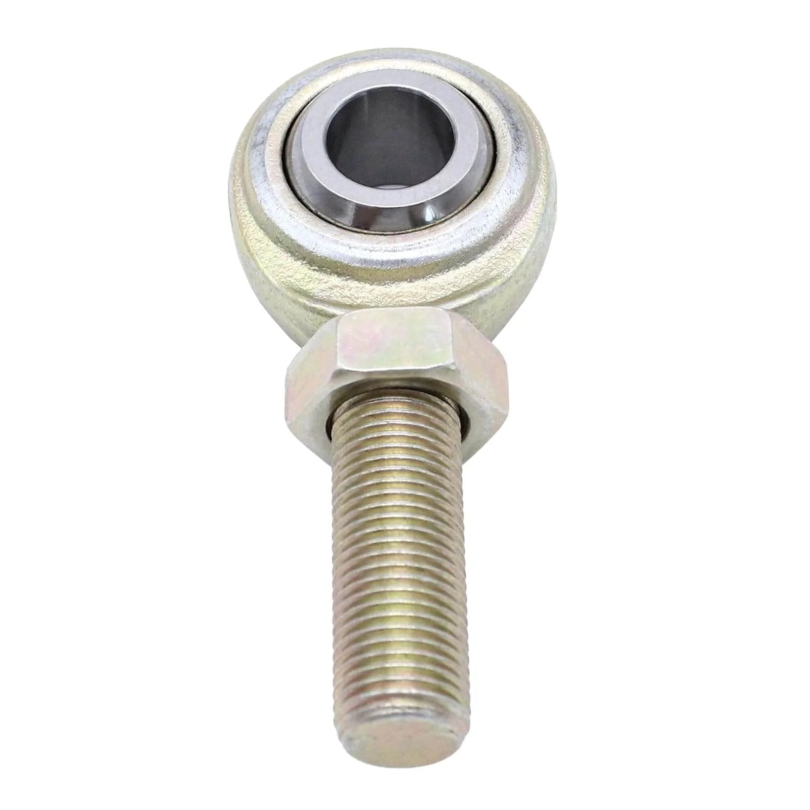 Close-up of a 2 pcs CML8 rod end heim joint, 1/2 inch bore with 1/2-20 left hand male thread, carbon steel construction for machinery