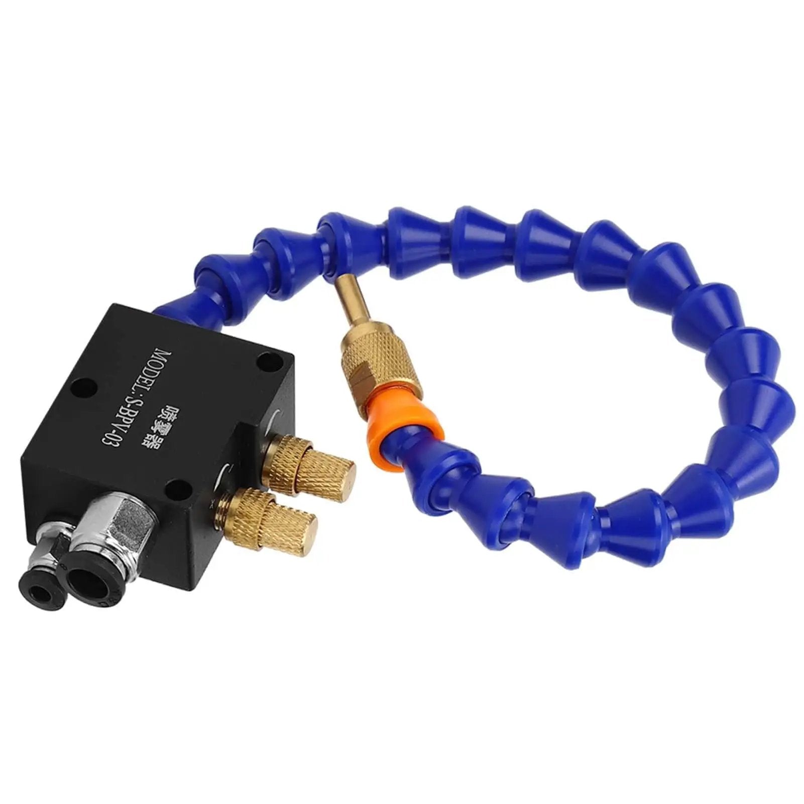 Pro Grade Universal Coolant Lubricant Sprayer System for CNC Lathe and Milling Machines Kit close-up showing adjustable nozzle and fittings.