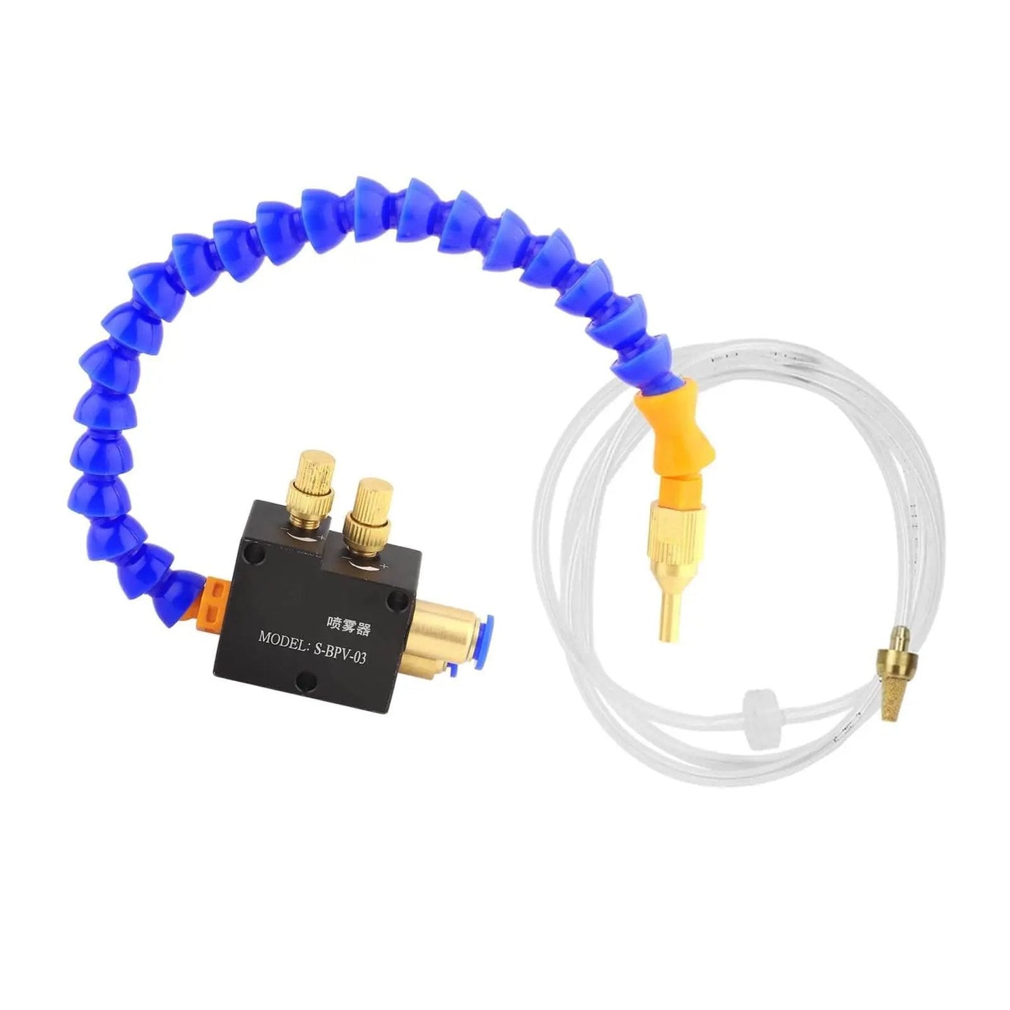 Pro Grade Universal Coolant Lubricant Sprayer System with blue adjustable nozzle and tubing for CNC lathe and milling machines kit.