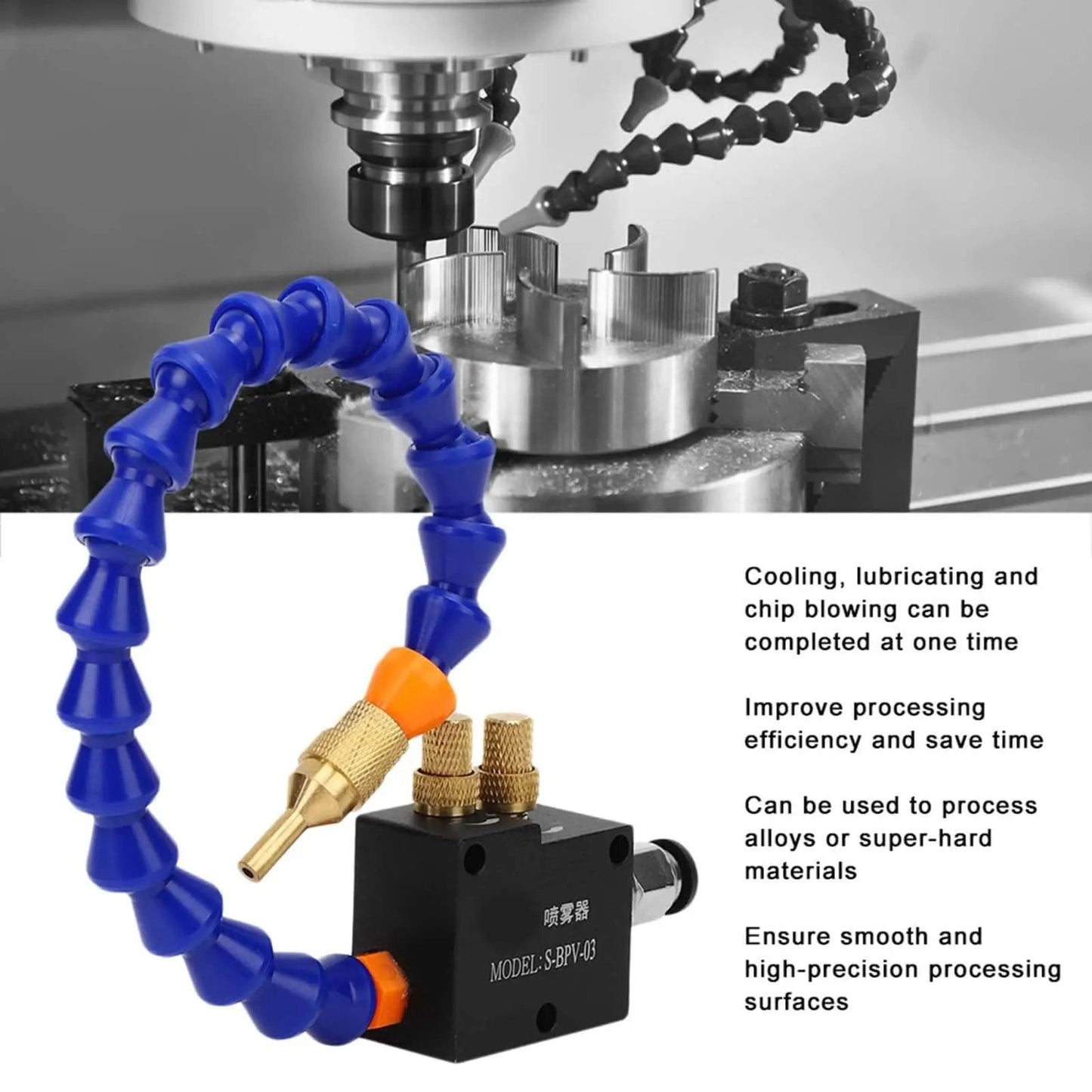 Pro Grade Universal Coolant Lubricant Sprayer System for CNC Lathe and Milling Machines Kit, showing mist lubrication nozzle