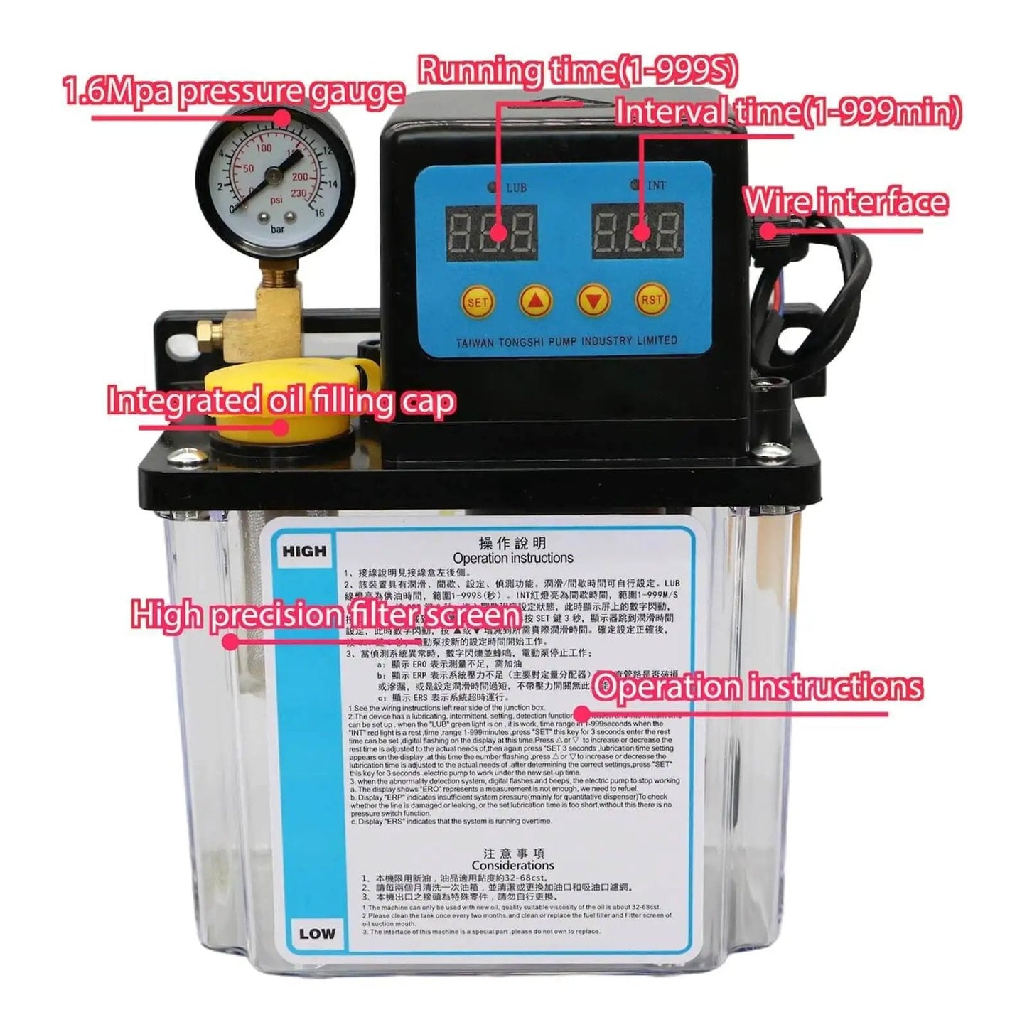 CNC Lubrication Pump System Kit for Automatic Lubricant Delivery in CNC Machines and Lathe showing digital controls and pressure gauge