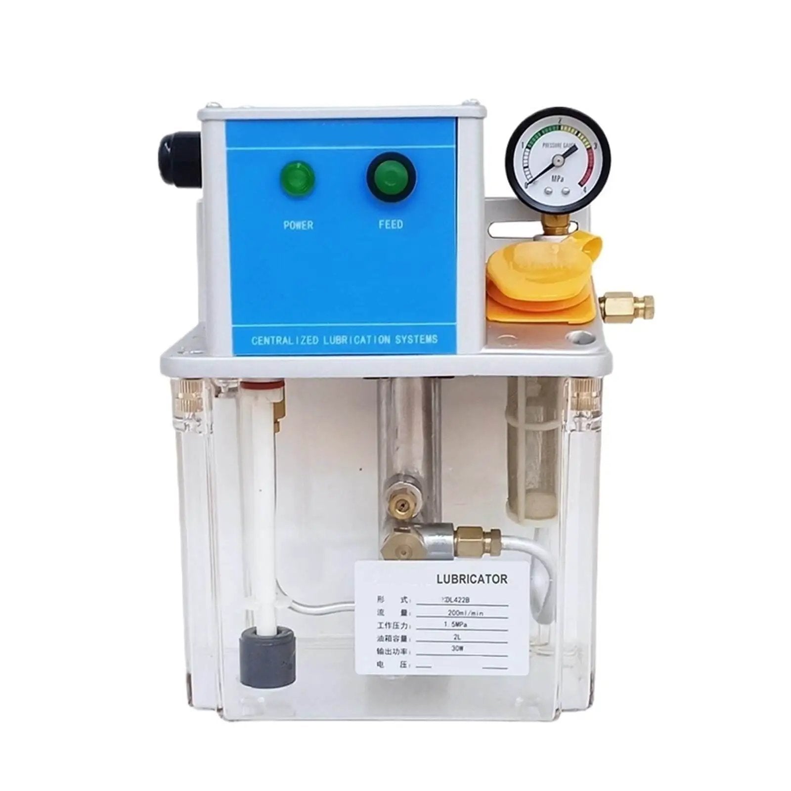 Front view of Electric Volumetric Thin Oil Lubrication Pump With Low Level Sensor For CNC Machine Tools 220V, showing gauge and controls.