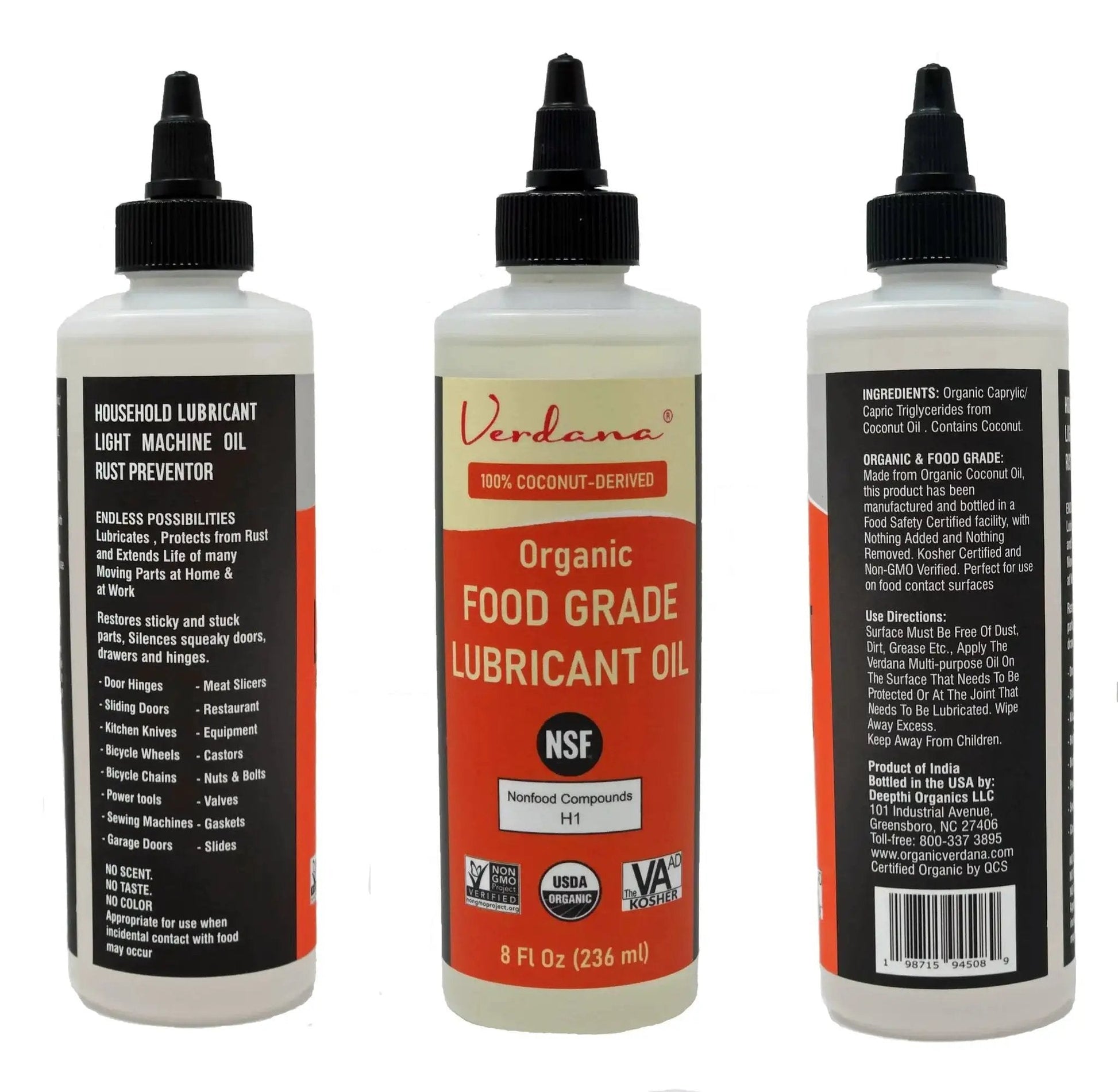 Front and side view of Food Grade Pro Grade Lubricant Oil For Food Equipment With NSF H1 Certification, 8 oz bottle