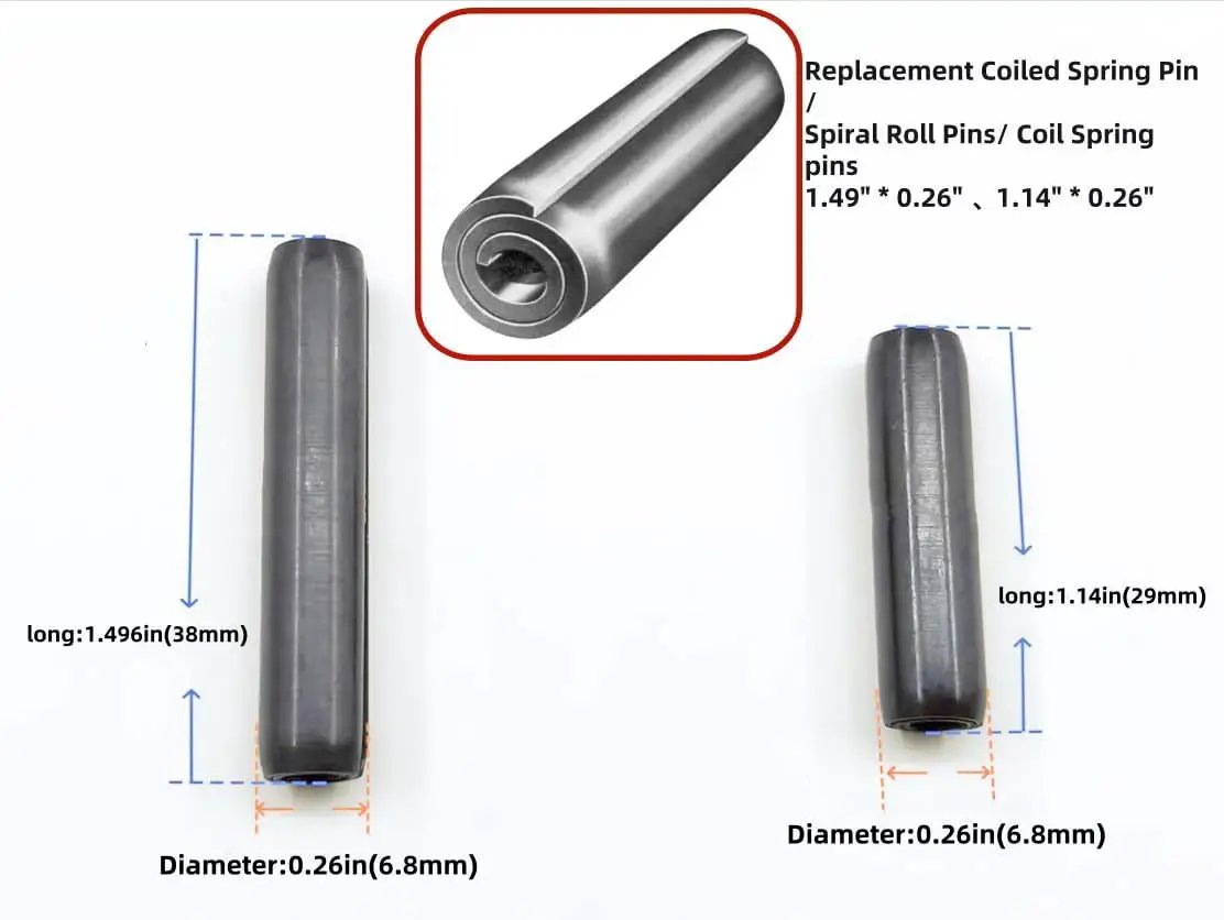 Heavy Duty Coiled Spring Roll Pins Set For Cub Cadet Lawn Tractors with long and short pins displayed, sizes 0.26in diameter, 1.49in and 1.14in long