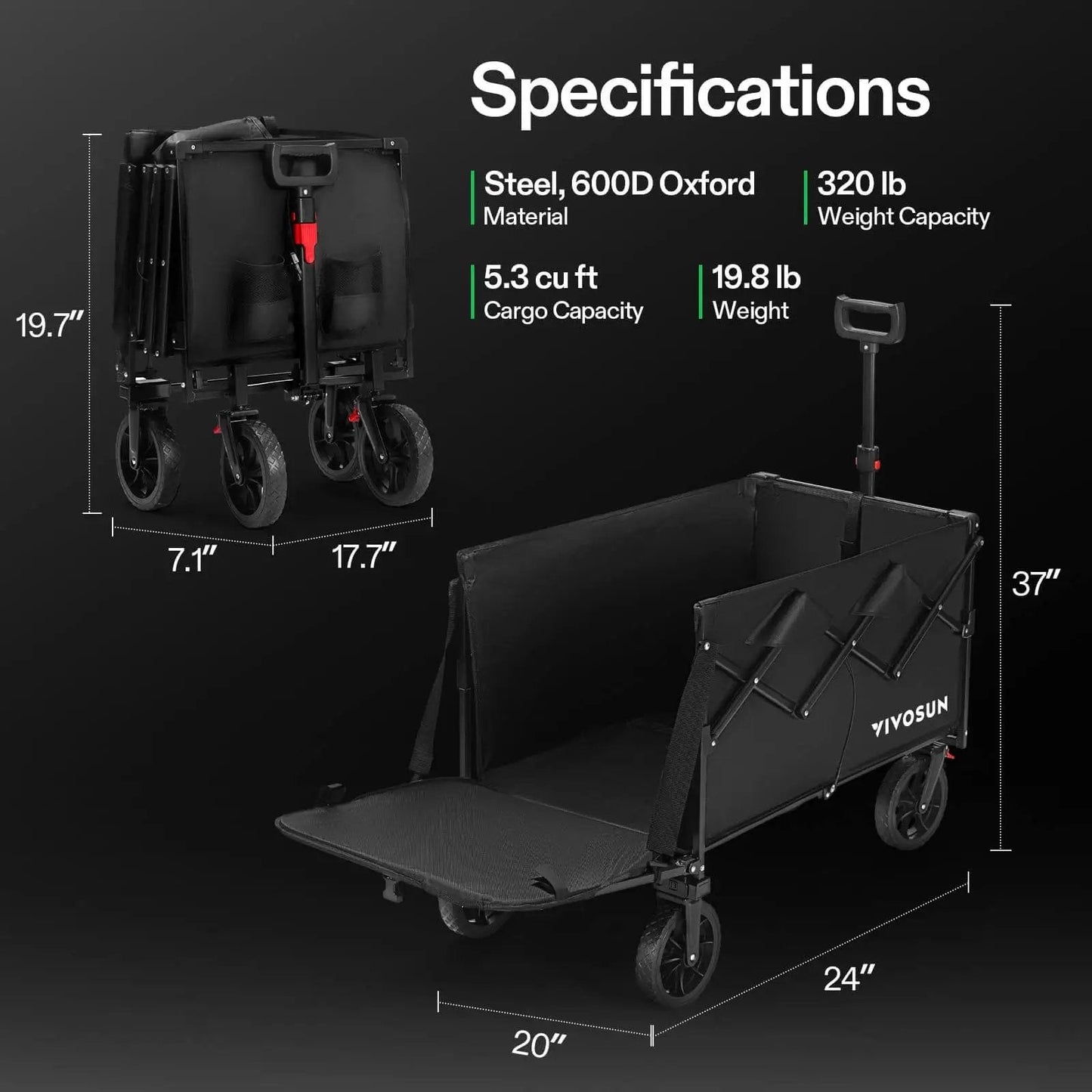 Collapsible Wagon With Tailgate For Camping And Outdoors, 320 Lb Load Capacity, All Terrain Wheels, Adjustable Handle, Pet Friendly