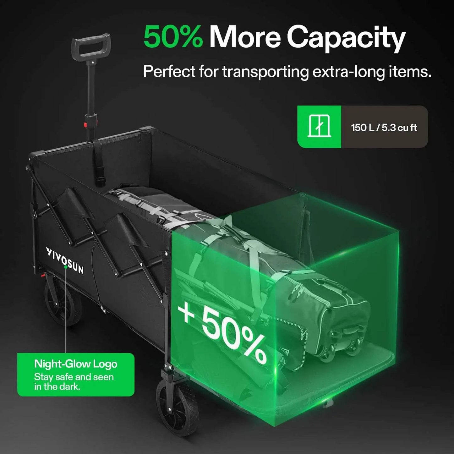 Collapsible Wagon With Tailgate For Camping And Outdoors, 320 Lb Load Capacity, All Terrain Wheels, Night-Glow Logo, Black VIVOSUN.