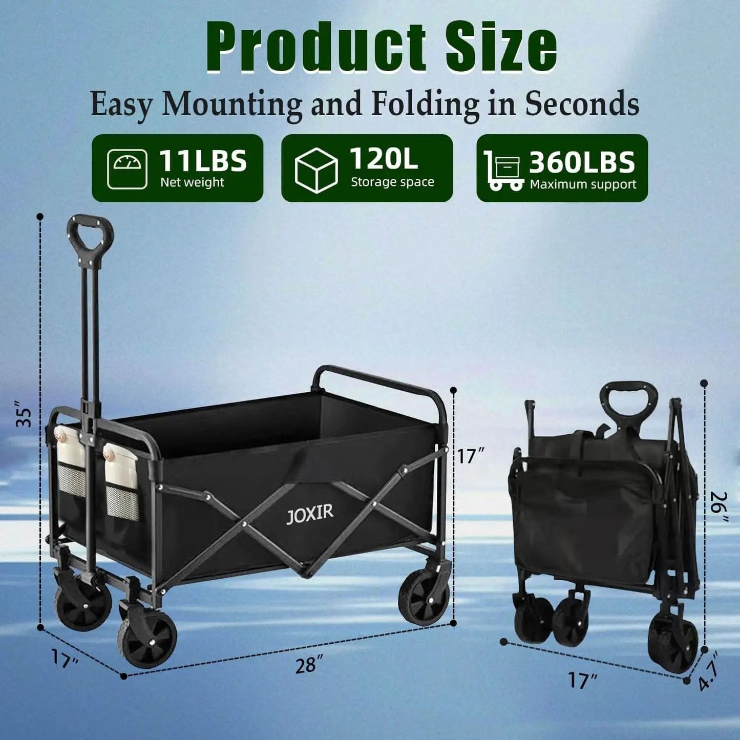 Collapsible Wagon Cart Foldable 120L 360Lb Load Capacity Lightweight Beach Wagon shown unfolded and folded with dimensions