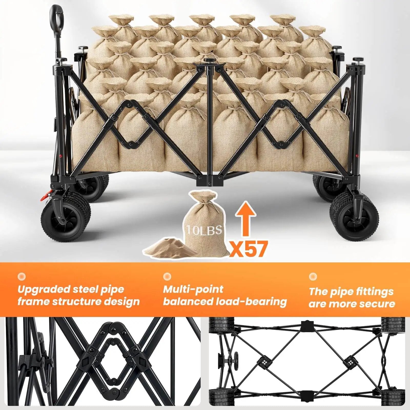 Heavy Duty Collapsible Wagon Cart With 570 Pound Capacity And Big All Terrain Wheels loaded with sacks