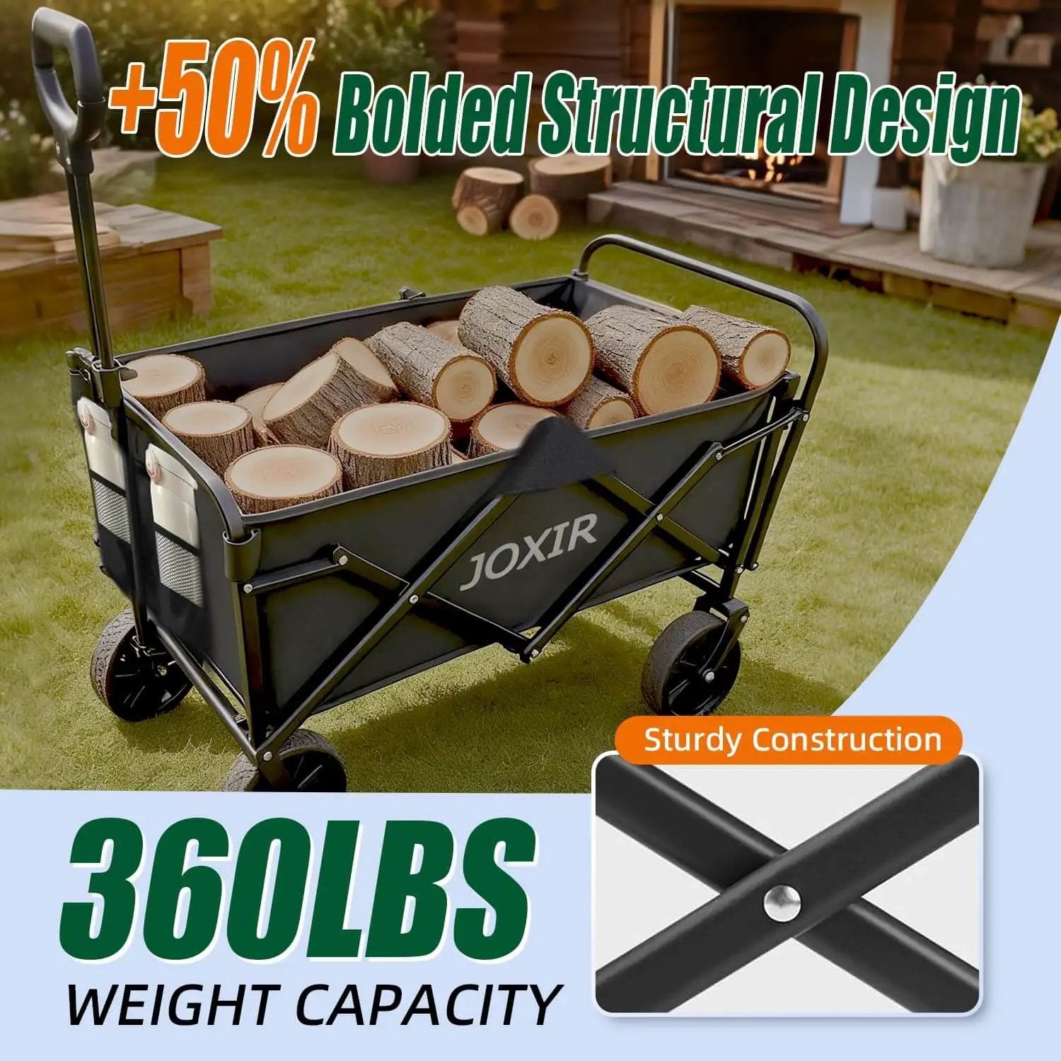 Collapsible Wagon Cart Foldable 120L 360Lb Load Capacity Lightweight Beach Wagon with wheels transporting firewood
