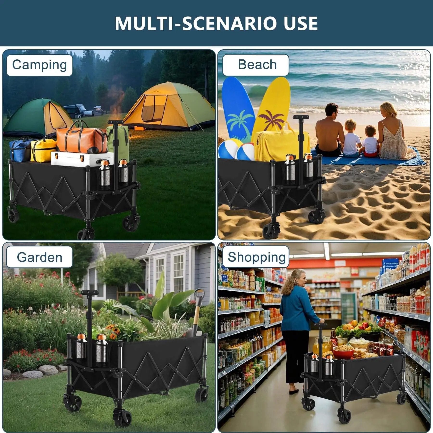 Extra Large Collapsible Wagon Cart with 220L capacity, 360 lb load, used for camping, beach, garden, and shopping scenarios.