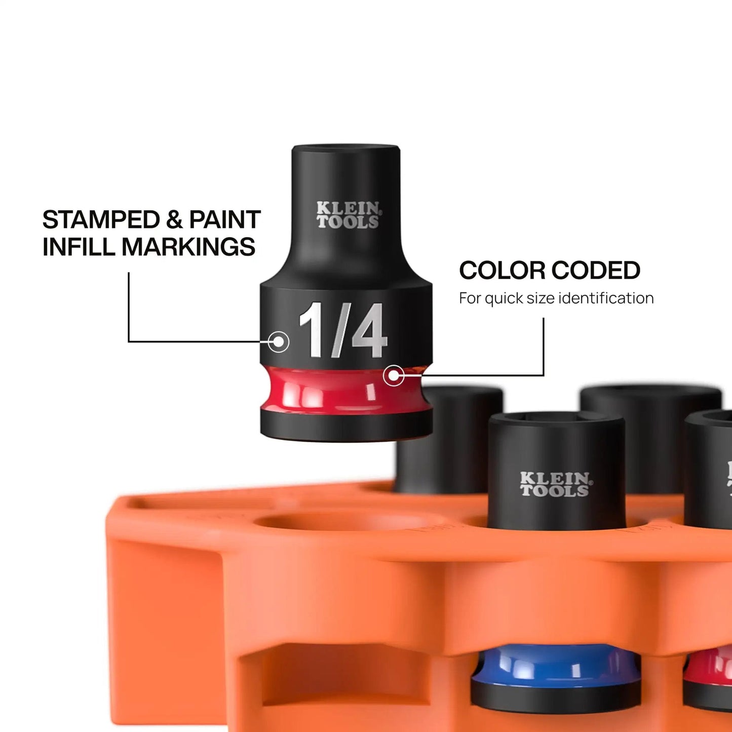 Close-up of 1/4 inch impact socket with stamped markings, part of Grab And Go Impact Socket Set In SAE With Sleeve And Carabiner 10 Piece Drive Kit.