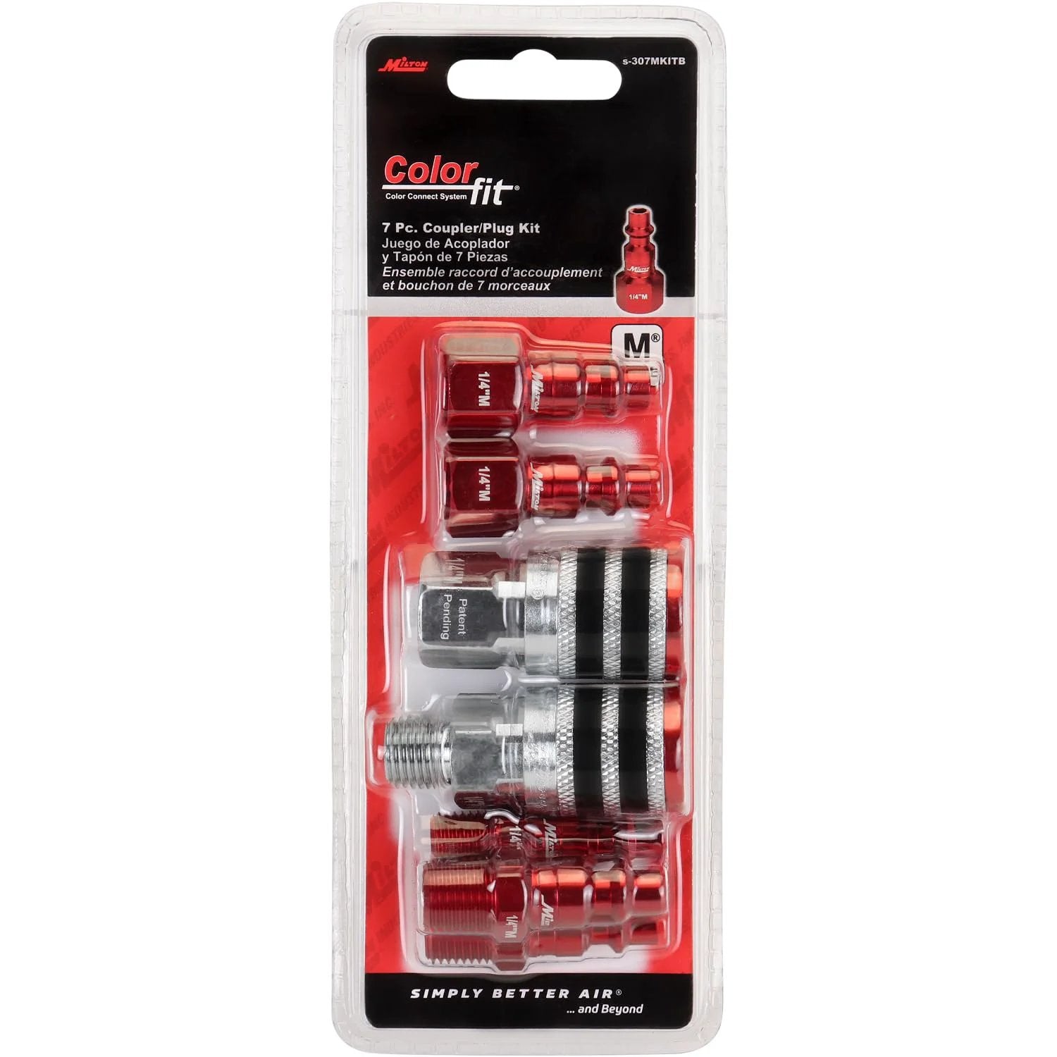 Colorfit M Style Coupler And Plug Kit With Rubber Bumpers For One Quarter Inch NPT Quick Connect Hose Fittings For Air Tools And Compressors, 7-piece set in packaging.