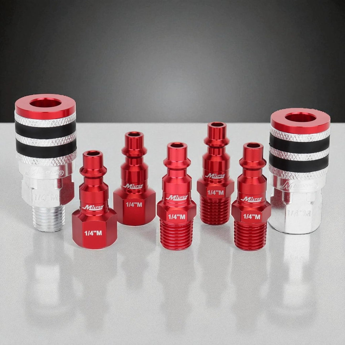 Colorfit M Style Coupler And Plug Kit With Rubber Bumpers For One Quarter Inch NPT Quick Connect Hose Fittings For Air Tools And Compressors, 7 piece set.