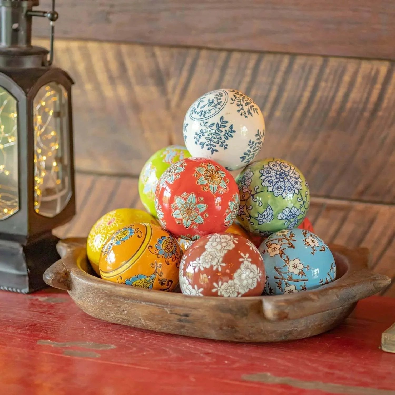 Pack of 12, 4-Inch Decorative Ceramic Porcelain Sailor Balls Tsugo Collection - Colorful Balls displayed in a wooden bowl