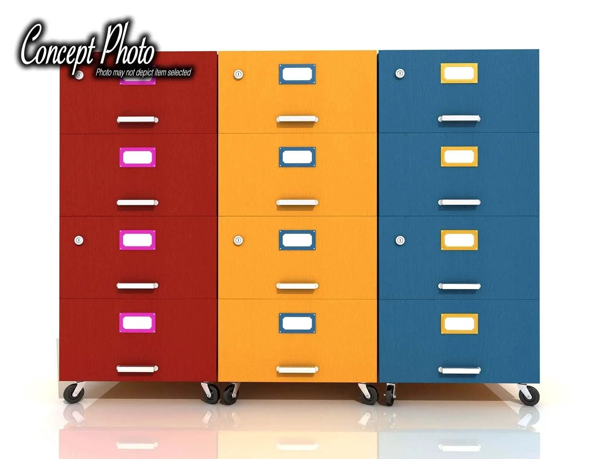 Colorful filing cabinets on wheels with handles and labels for office organization